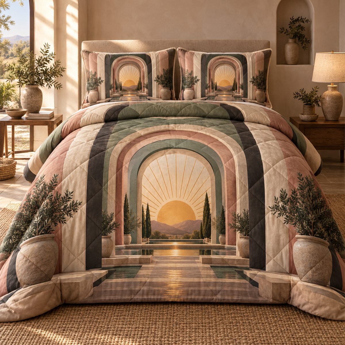 Sunburst Still Corner Quilted Bedding Set with printed optical 3D artwork in its use setting