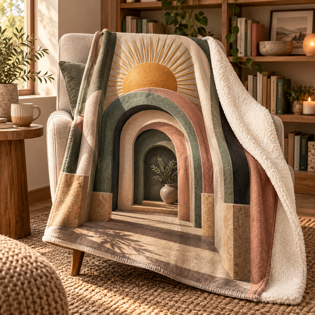 Sunburst Still Corner Sherpa & Fleece Blanket with printed optical 3D artwork in its use setting