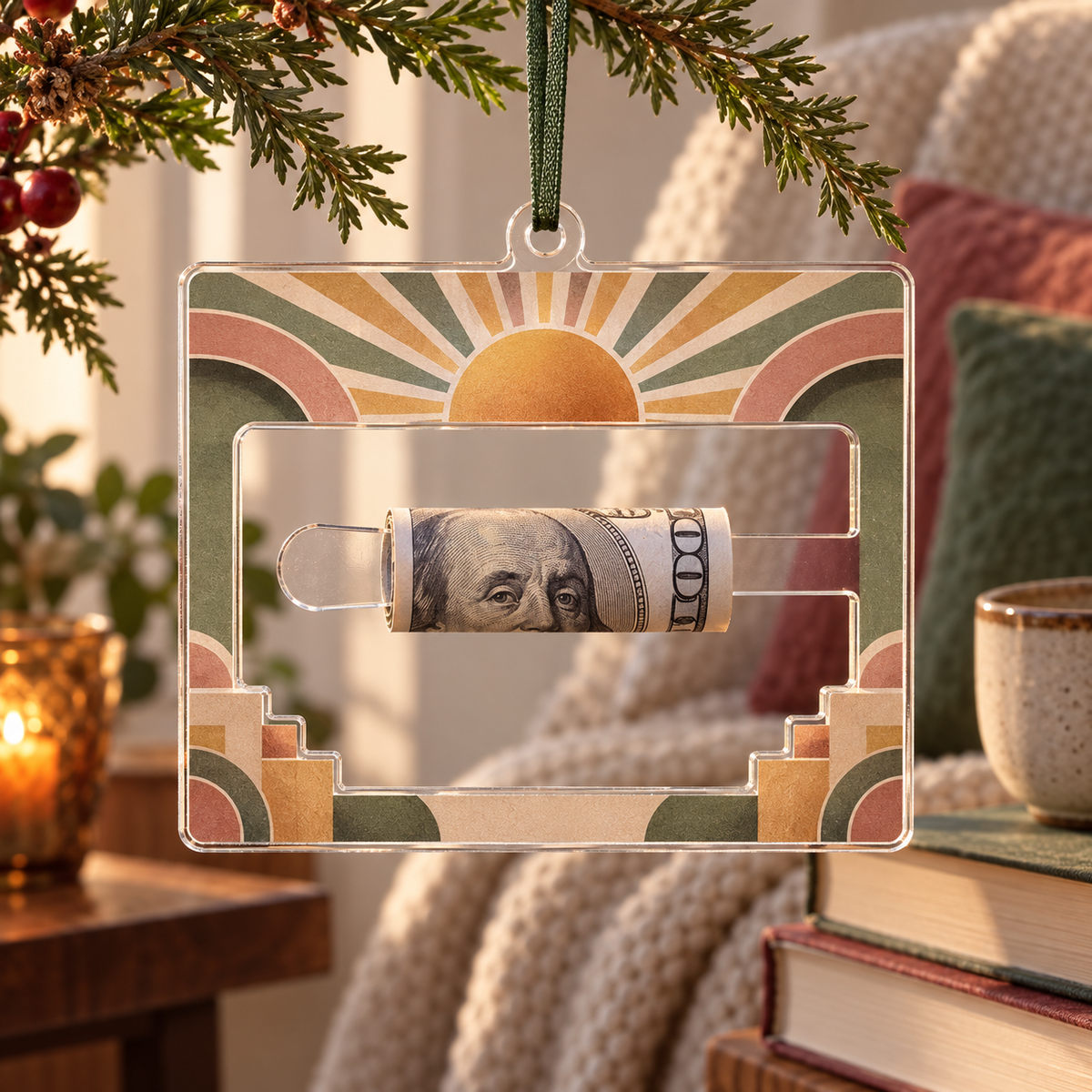 Sunburst Still Corner Acrylic Cash Holder Ornament with printed optical 3D artwork in its use setting