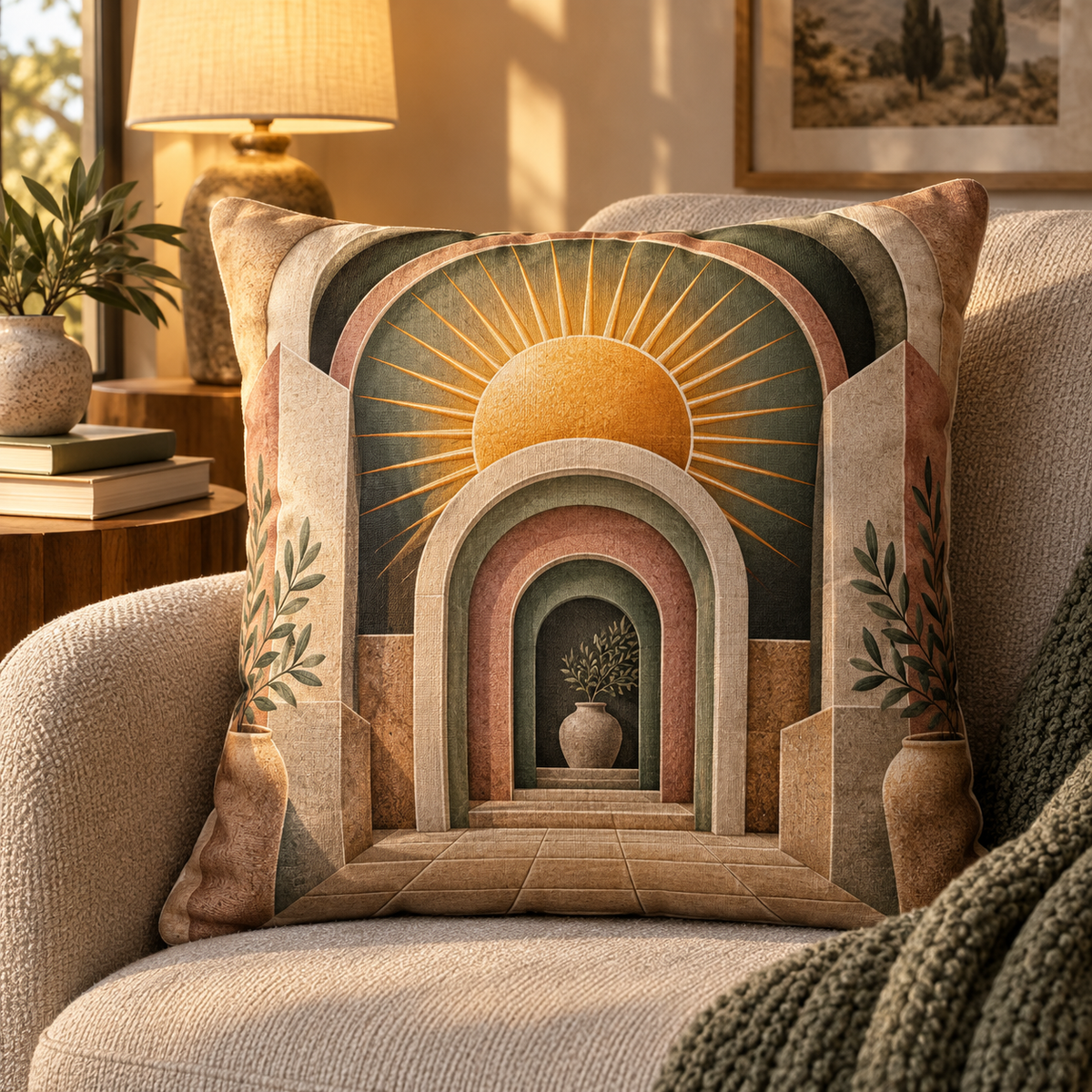 Sunburst Still Corner Quilted Cushion Cover with printed optical 3D artwork in its use setting