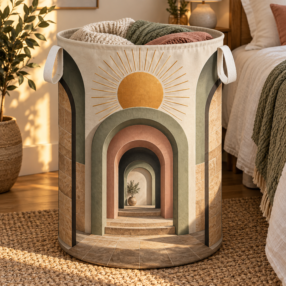 Sunburst Still Corner Laundry Hamper with printed optical 3D artwork in its use setting