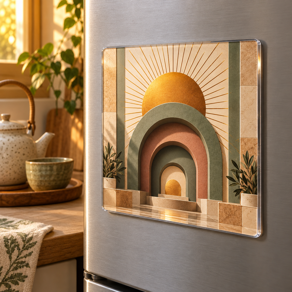 Sunburst Still Corner Acrylic Refrigerator Magnet with printed optical 3D artwork in its use setting