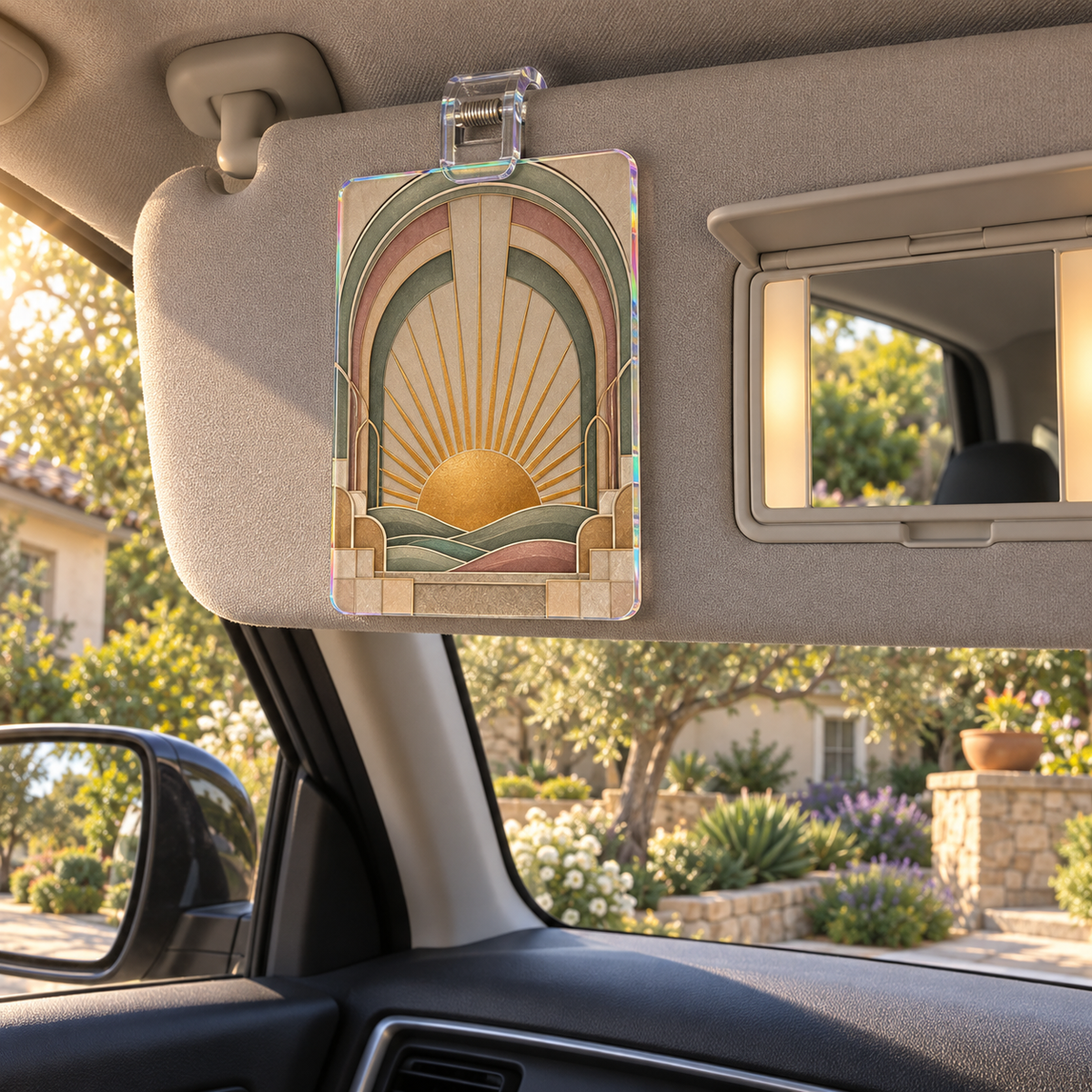 Sunburst Still Corner Holographic Car Visor Clip with printed optical 3D artwork in its use setting