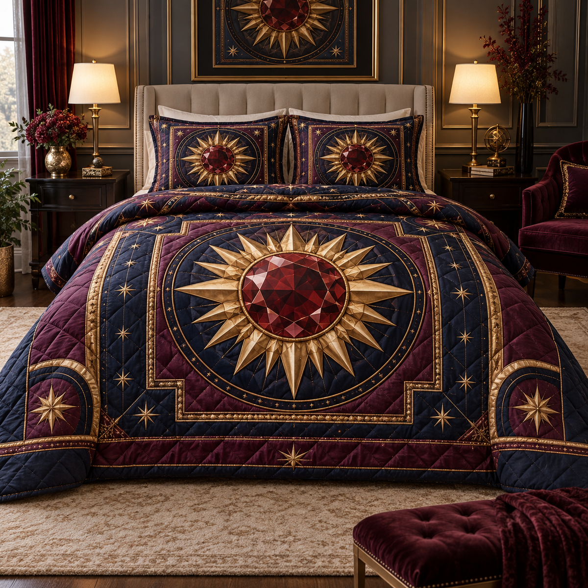 Sunburst Keepsake Vault Quilted Bedding Set with printed optical 3D artwork in its use setting