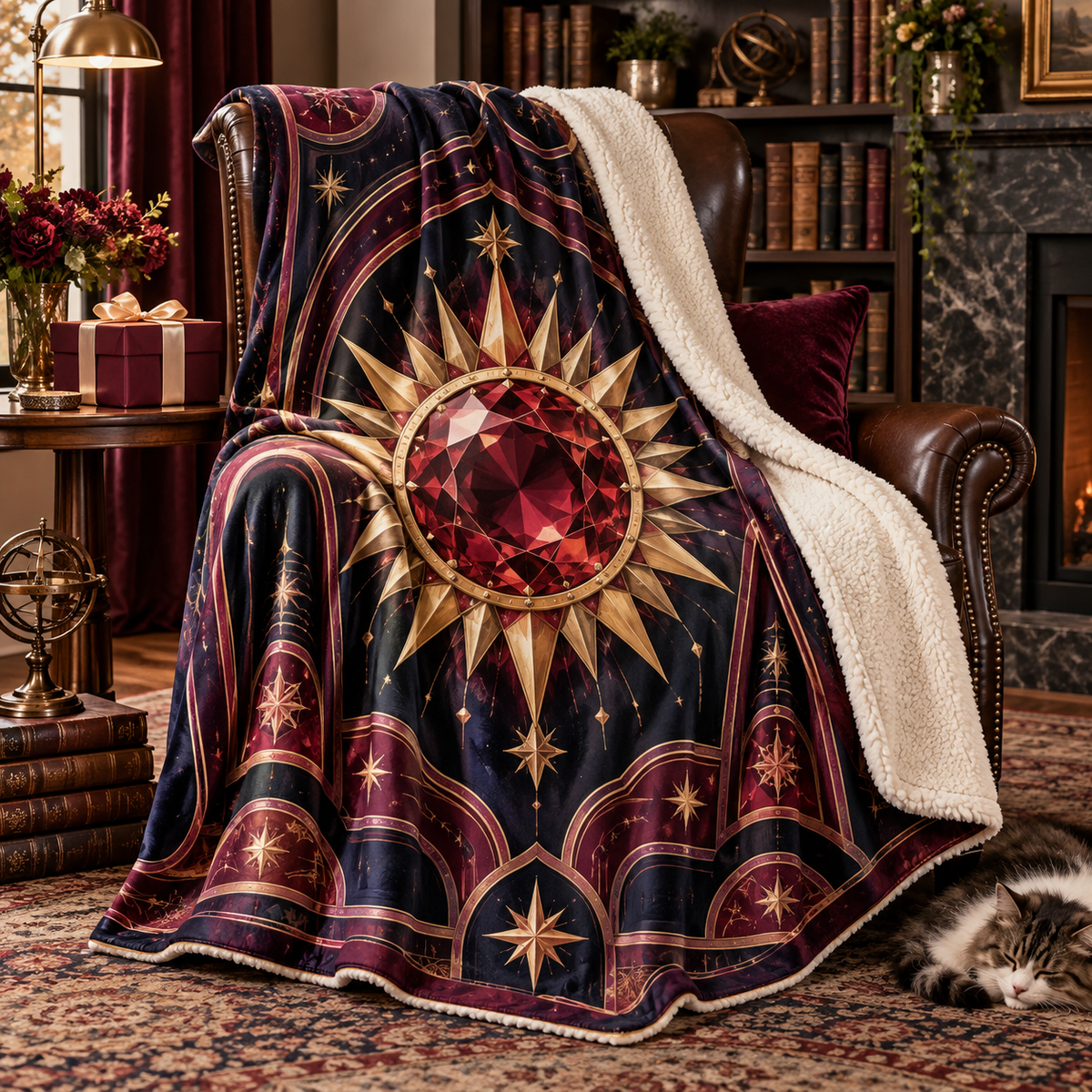 Sunburst Keepsake Vault Sherpa & Fleece Blanket with printed optical 3D artwork in its use setting
