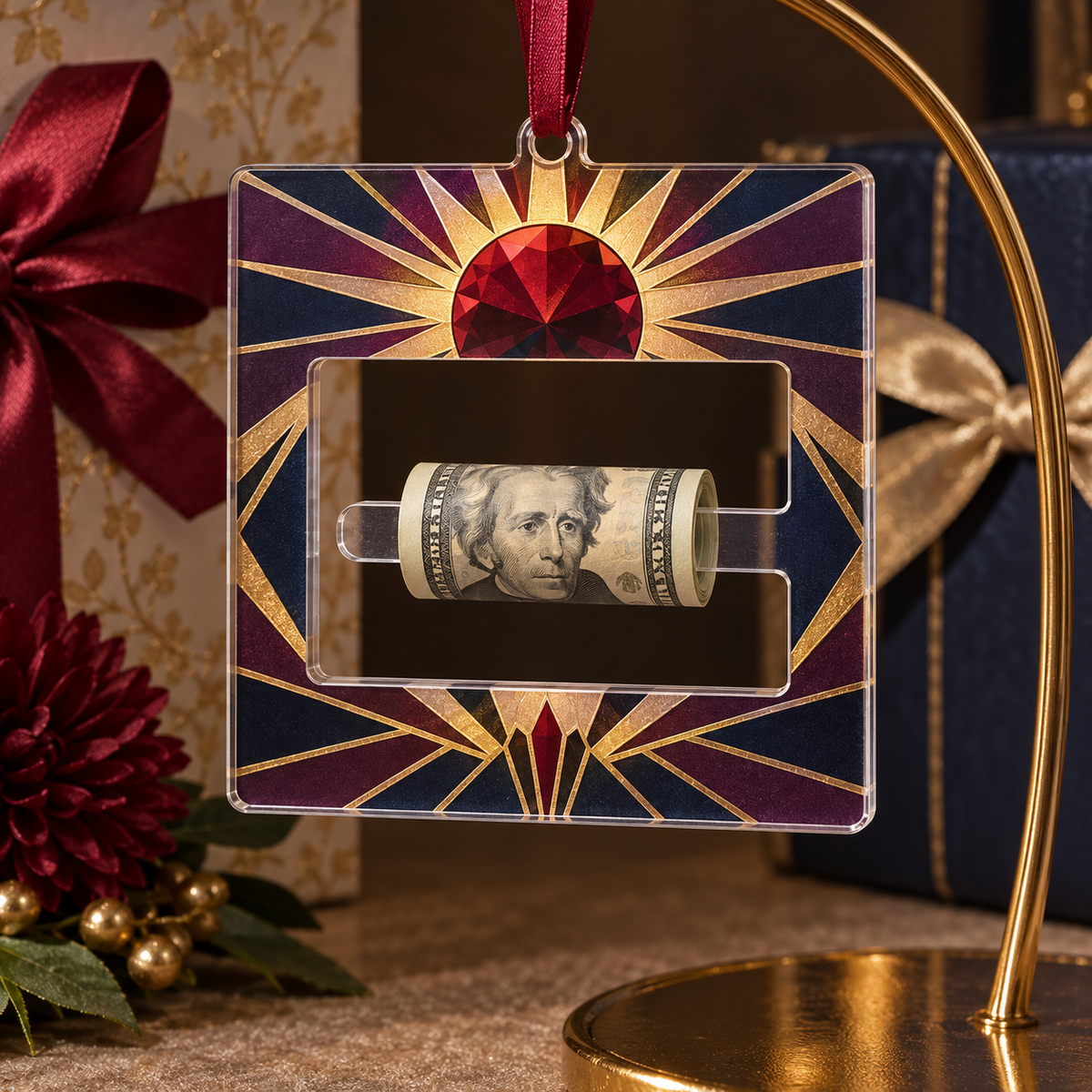 Sunburst Keepsake Vault Acrylic Cash Holder Ornament with printed optical 3D artwork in its use setting