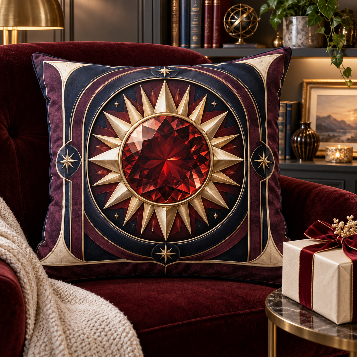 Sunburst Keepsake Vault Quilted Cushion Cover with printed optical 3D artwork in its use setting