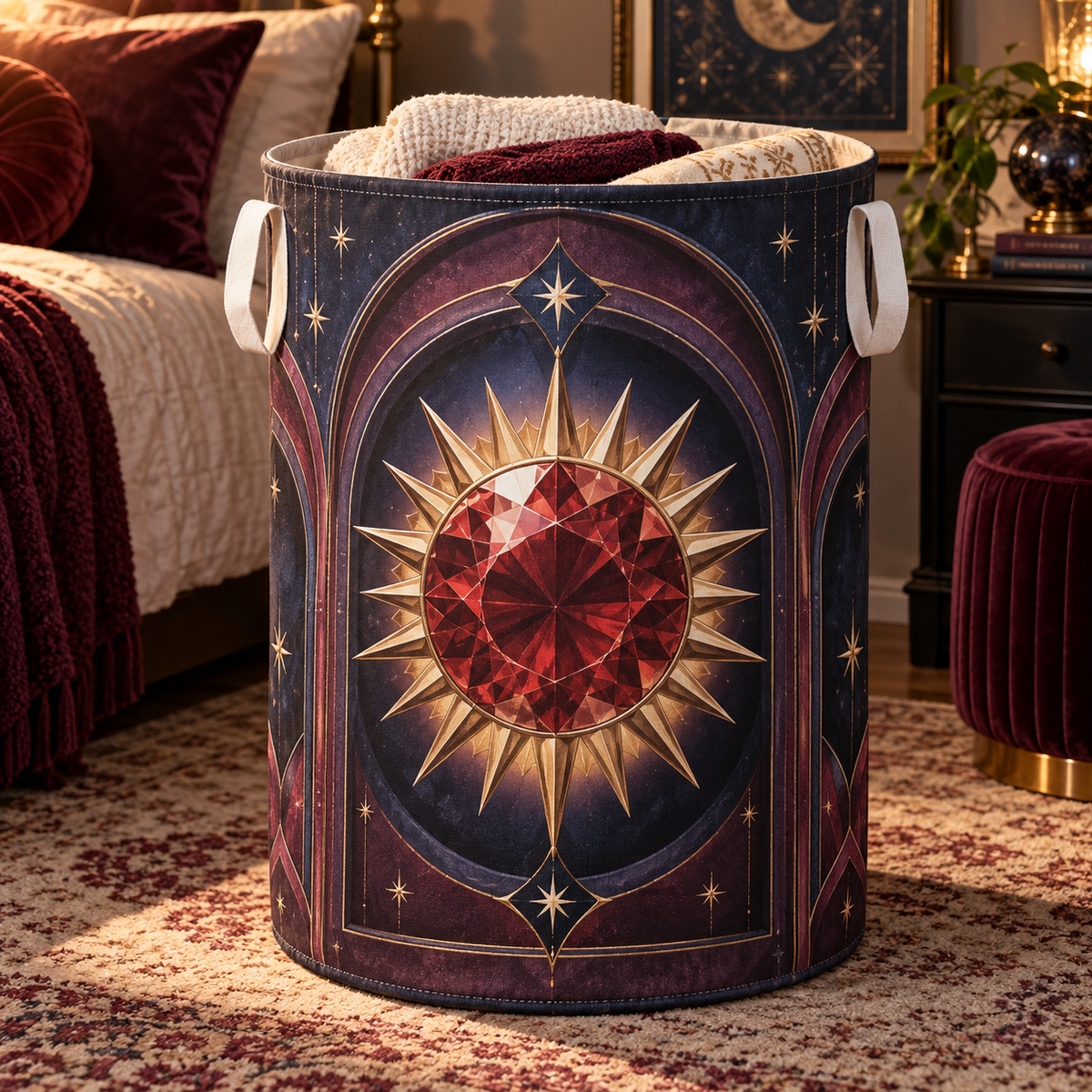 Sunburst Keepsake Vault Laundry Hamper with printed optical 3D artwork in its use setting