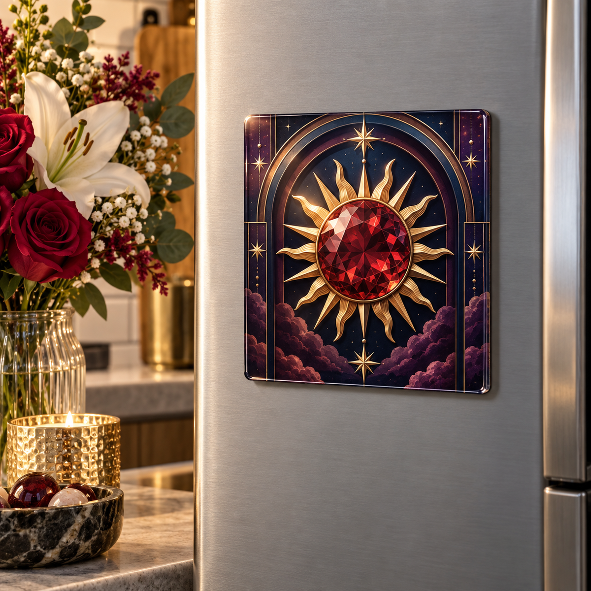 Sunburst Keepsake Vault Acrylic Refrigerator Magnet with printed optical 3D artwork in its use setting