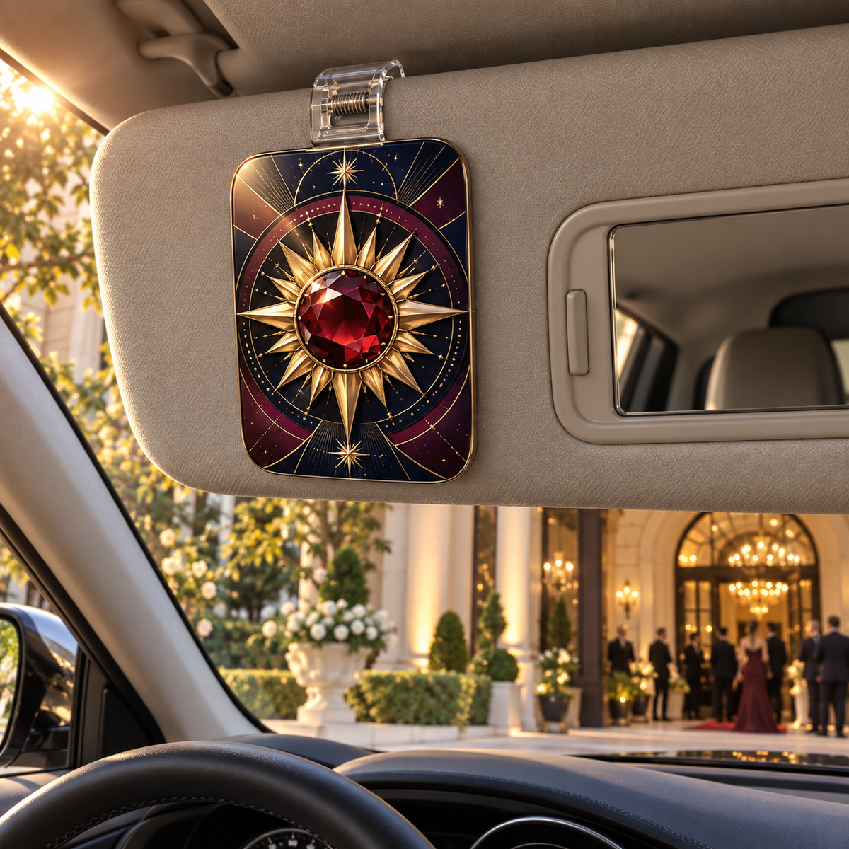 Sunburst Keepsake Vault Holographic Car Visor Clip with printed optical 3D artwork in its use setting