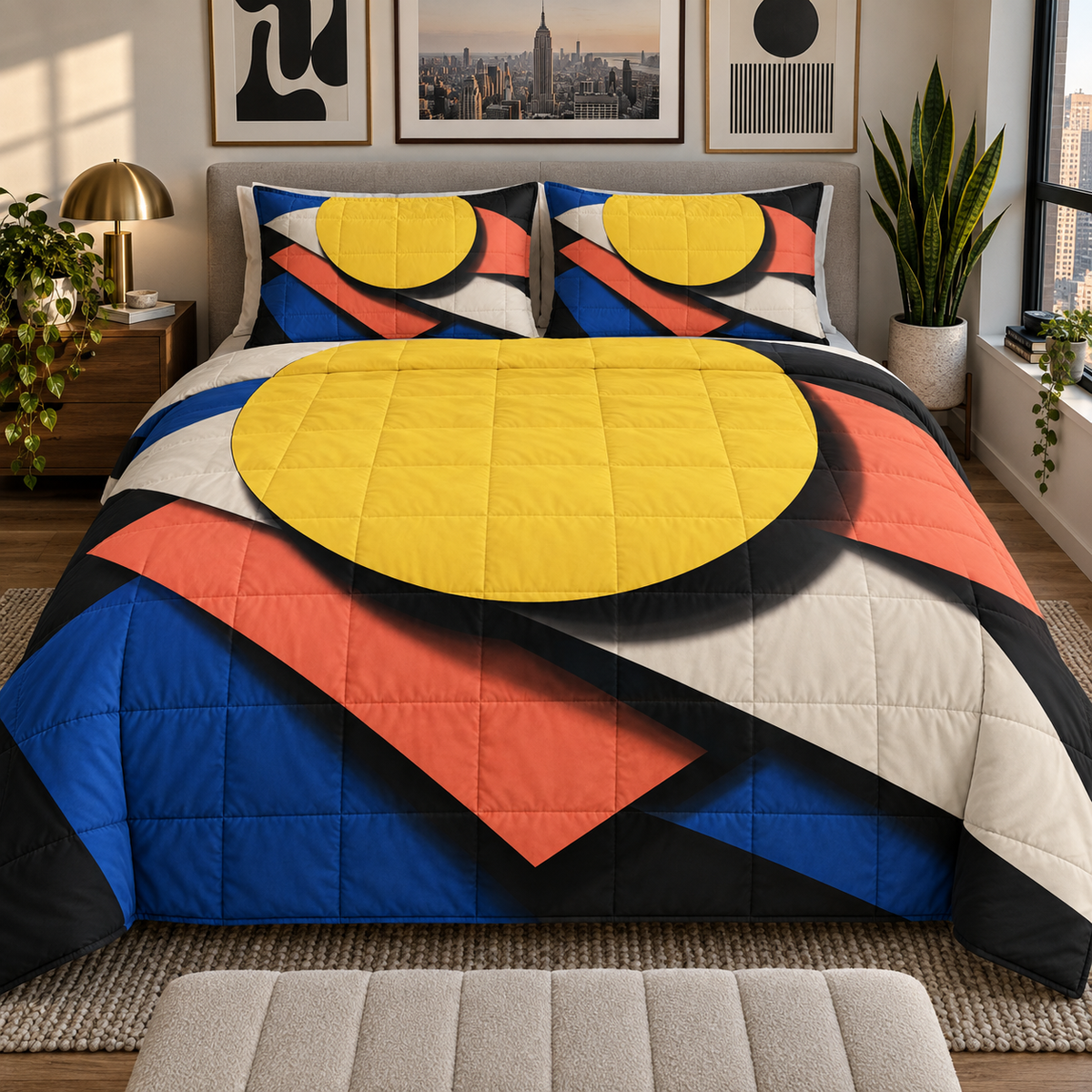 Sunburst Gallery Facets Quilted Bedding Set with printed optical 3D artwork in its use setting