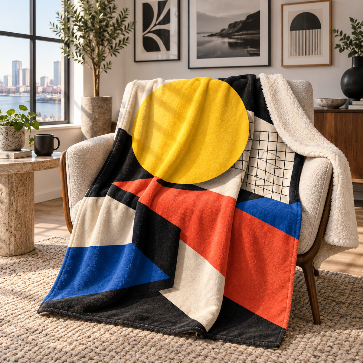 Sunburst Gallery Facets Sherpa & Fleece Blanket with printed optical 3D artwork in its use setting