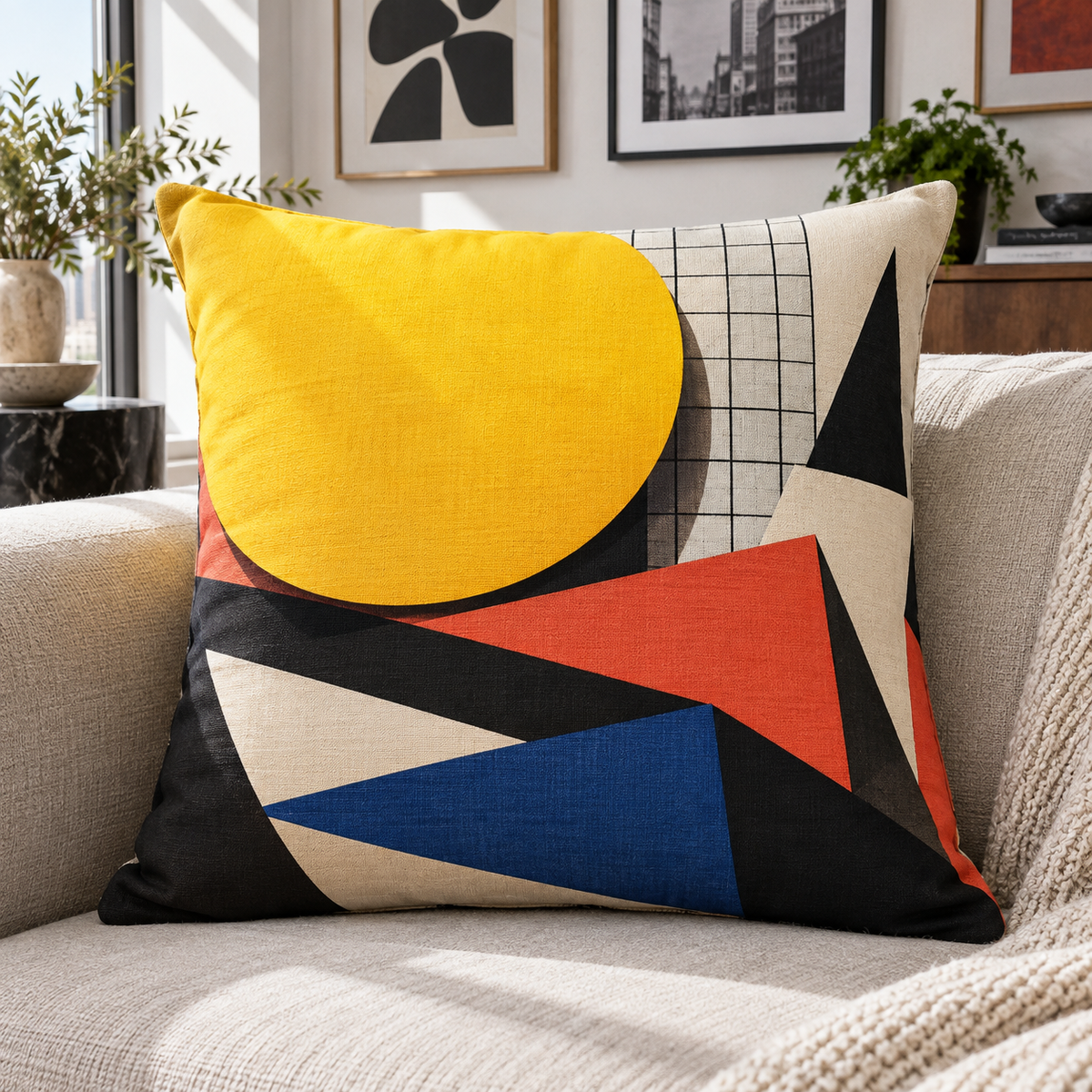 Sunburst Gallery Facets Quilted Cushion Cover with printed optical 3D artwork in its use setting