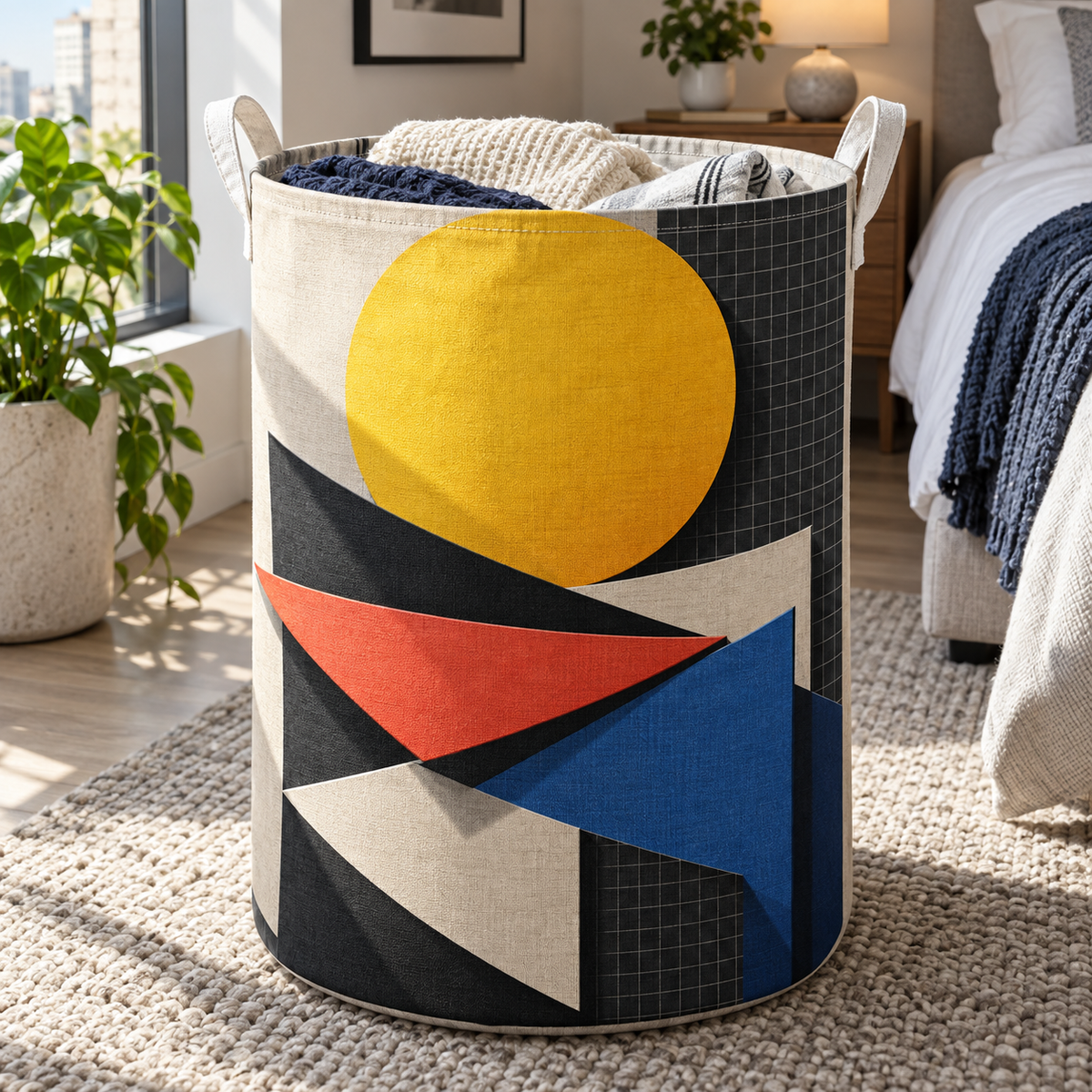 Sunburst Gallery Facets Laundry Hamper with printed optical 3D artwork in its use setting