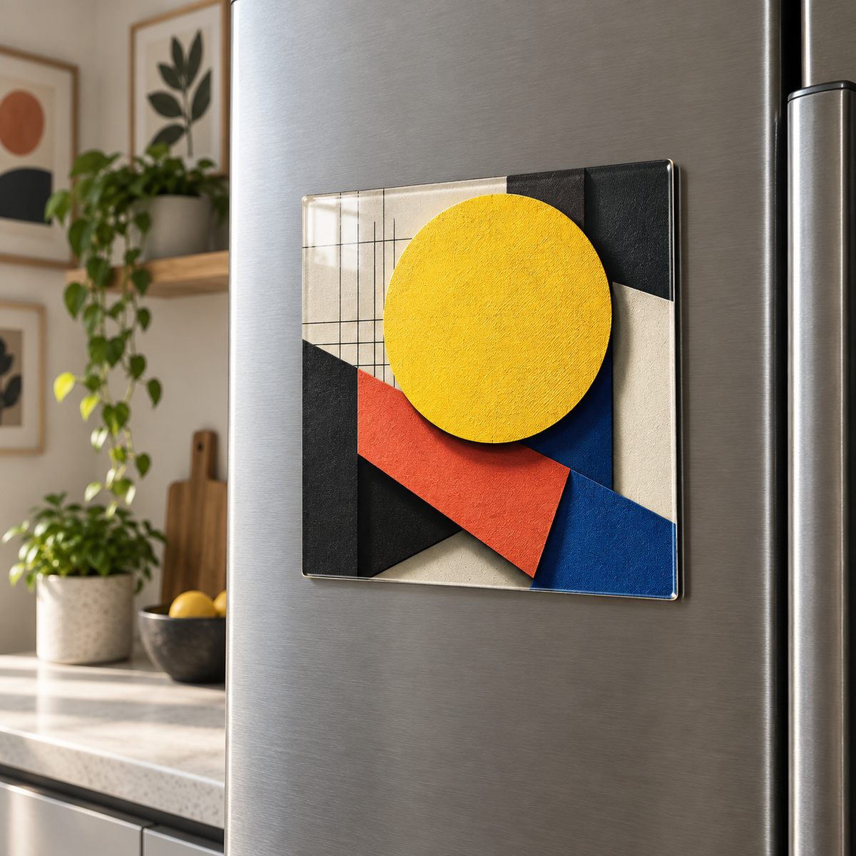 Sunburst Gallery Facets Acrylic Refrigerator Magnet with printed optical 3D artwork in its use setting