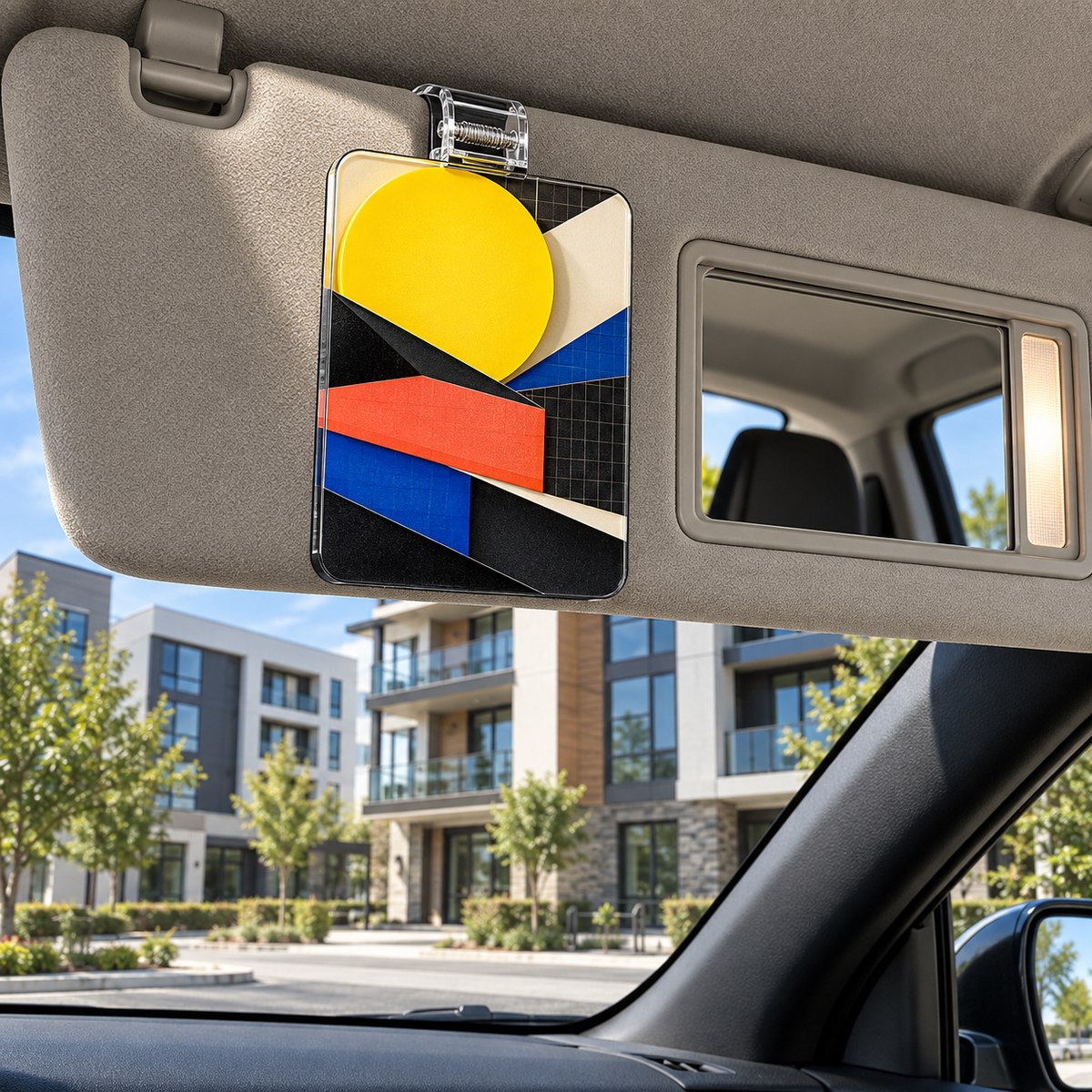 Sunburst Gallery Facets Holographic Car Visor Clip with printed optical 3D artwork in its use setting
