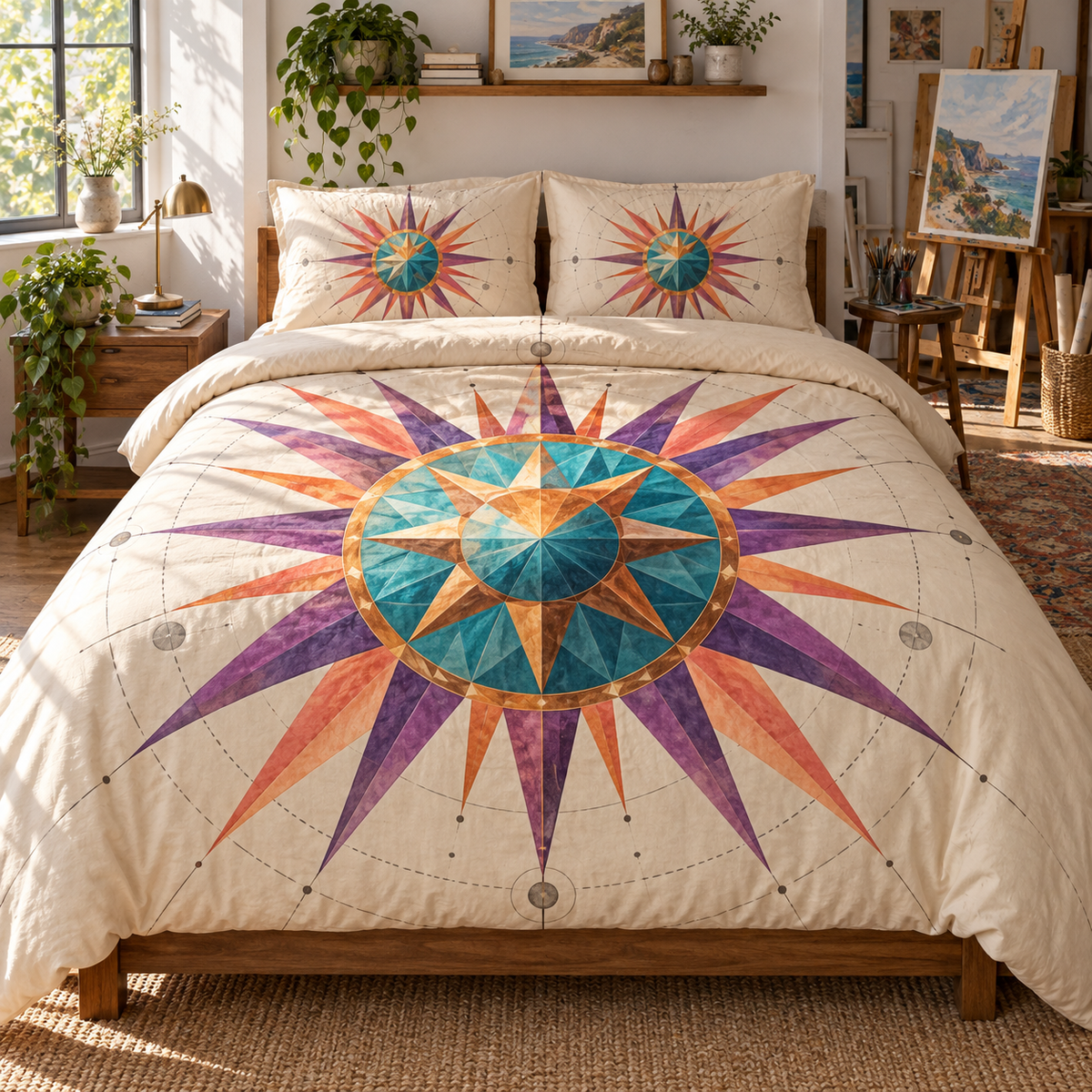 Sunburst Studio Prism Quilted Bedding Set with printed optical 3D artwork in its use setting