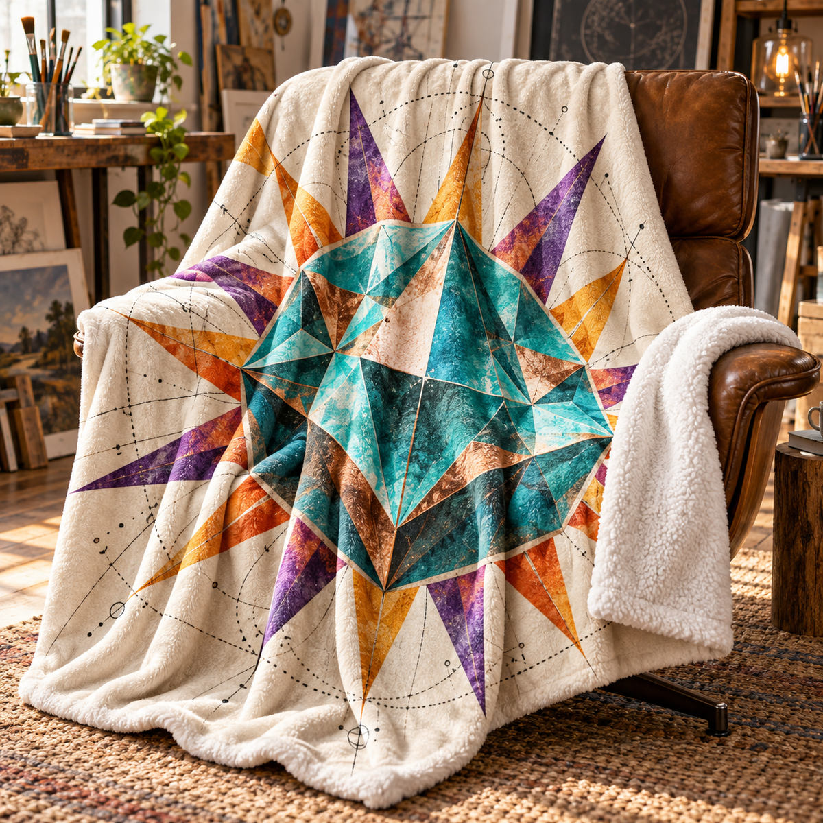 Sunburst Studio Prism Sherpa & Fleece Blanket with printed optical 3D artwork in its use setting