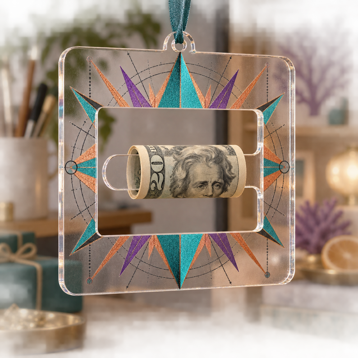 Sunburst Studio Prism Acrylic Cash Holder Ornament with printed optical 3D artwork in its use setting
