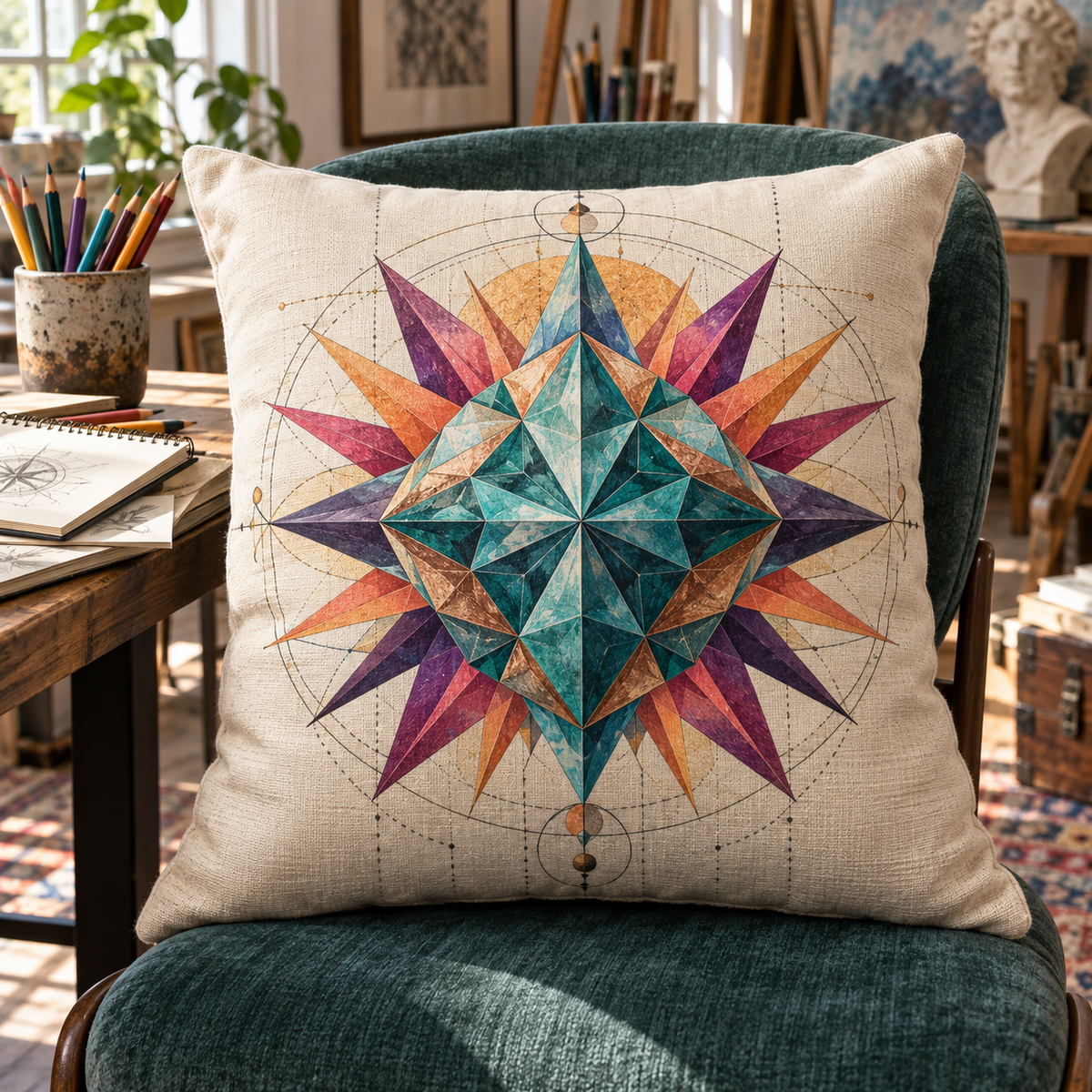 Sunburst Studio Prism Quilted Cushion Cover with printed optical 3D artwork in its use setting