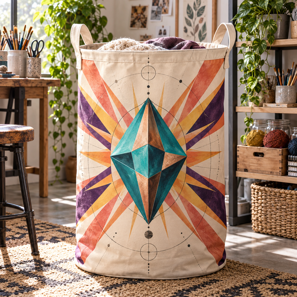 Sunburst Studio Prism Laundry Hamper with printed optical 3D artwork in its use setting