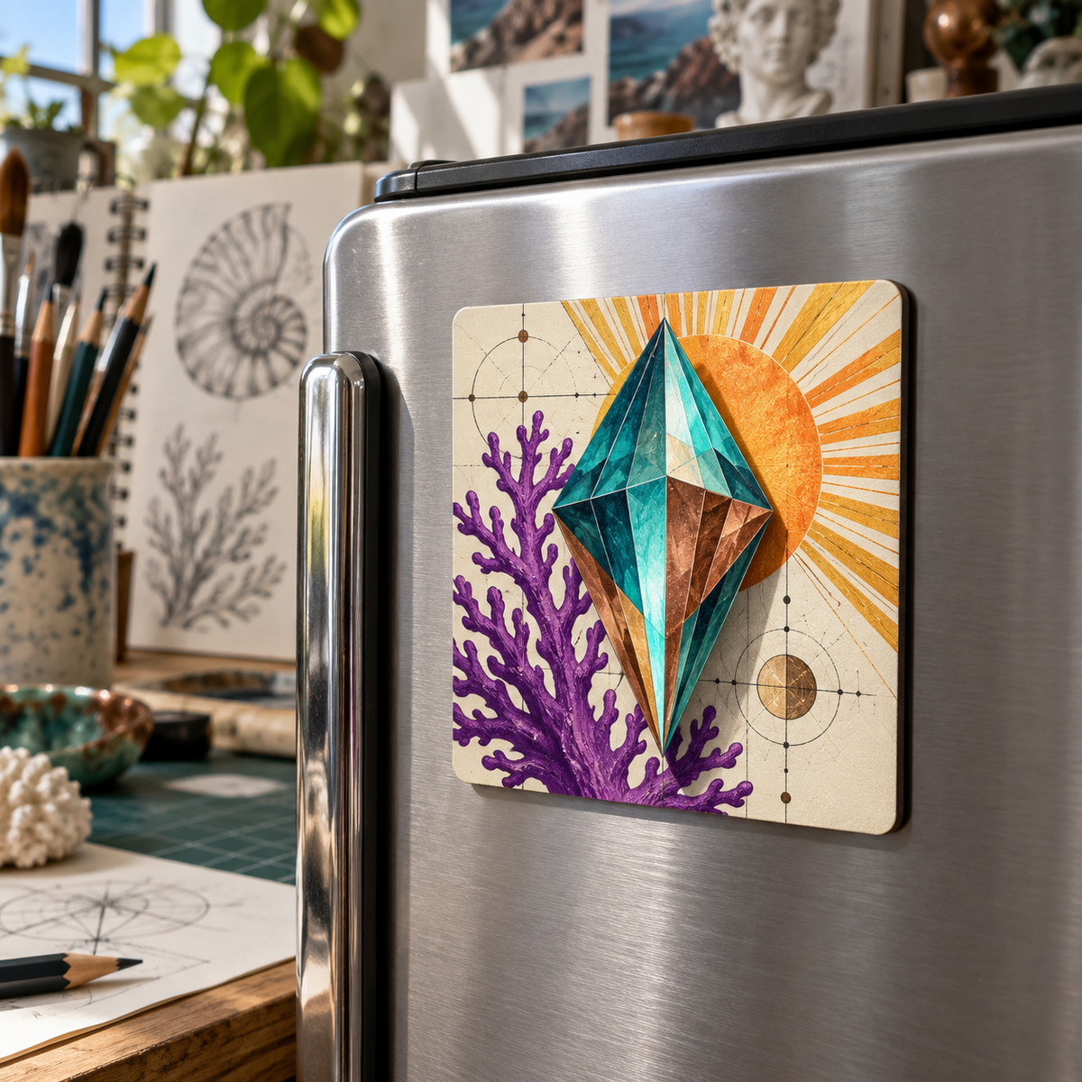 Sunburst Studio Prism Acrylic Refrigerator Magnet with printed optical 3D artwork in its use setting