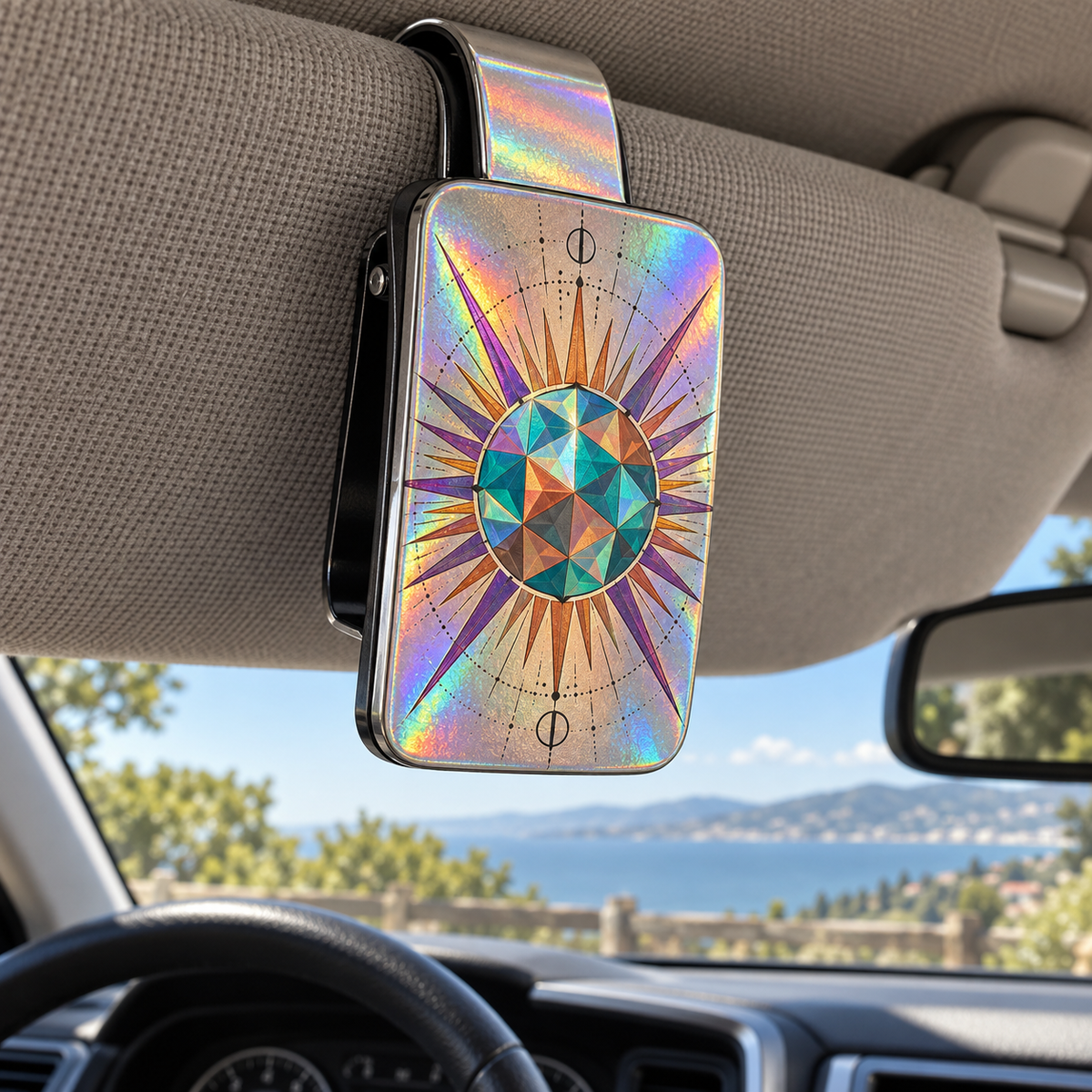 Sunburst Studio Prism Holographic Car Visor Clip with printed optical 3D artwork in its use setting