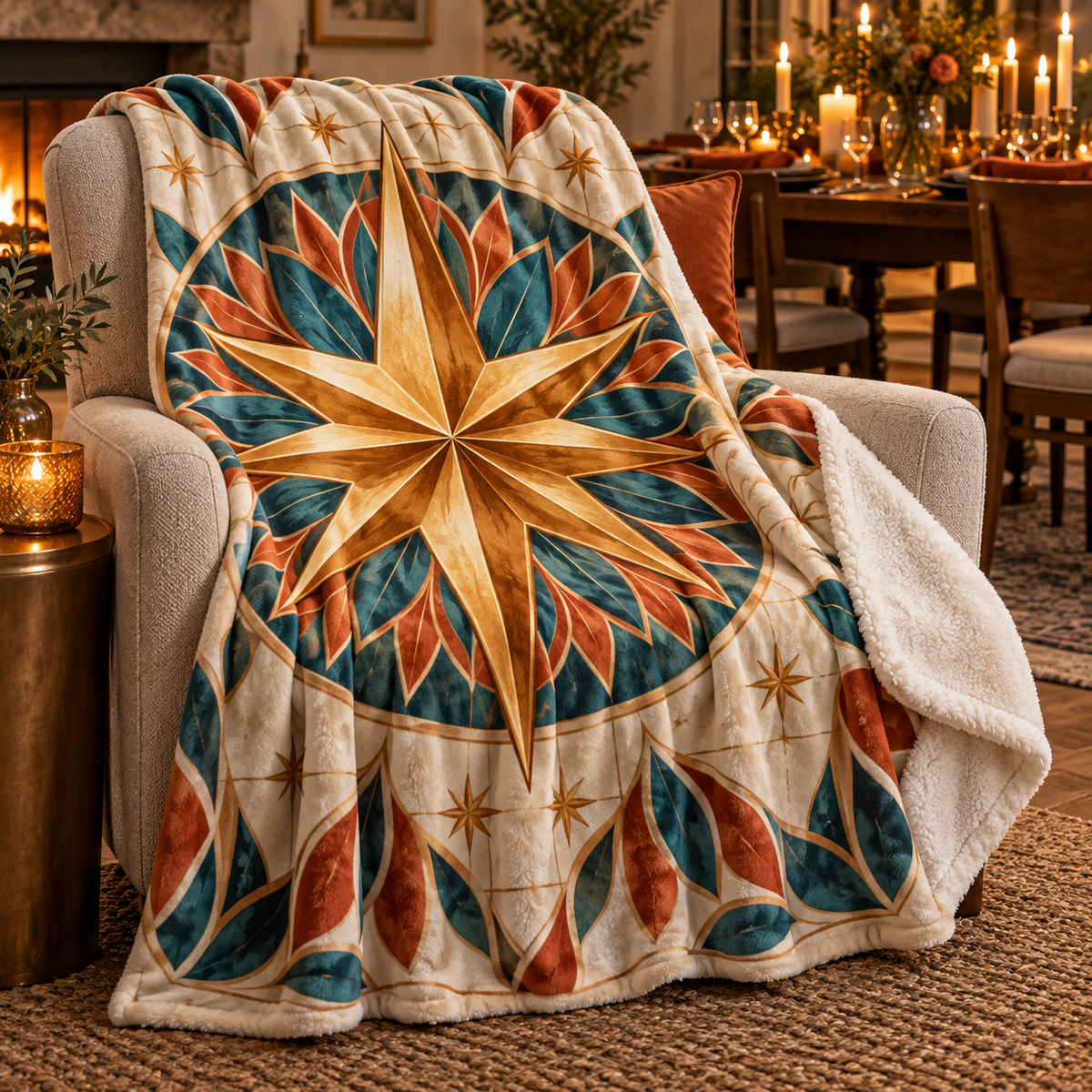 Sunburst Host Gratitude Sherpa & Fleece Blanket with printed optical 3D artwork in its use setting