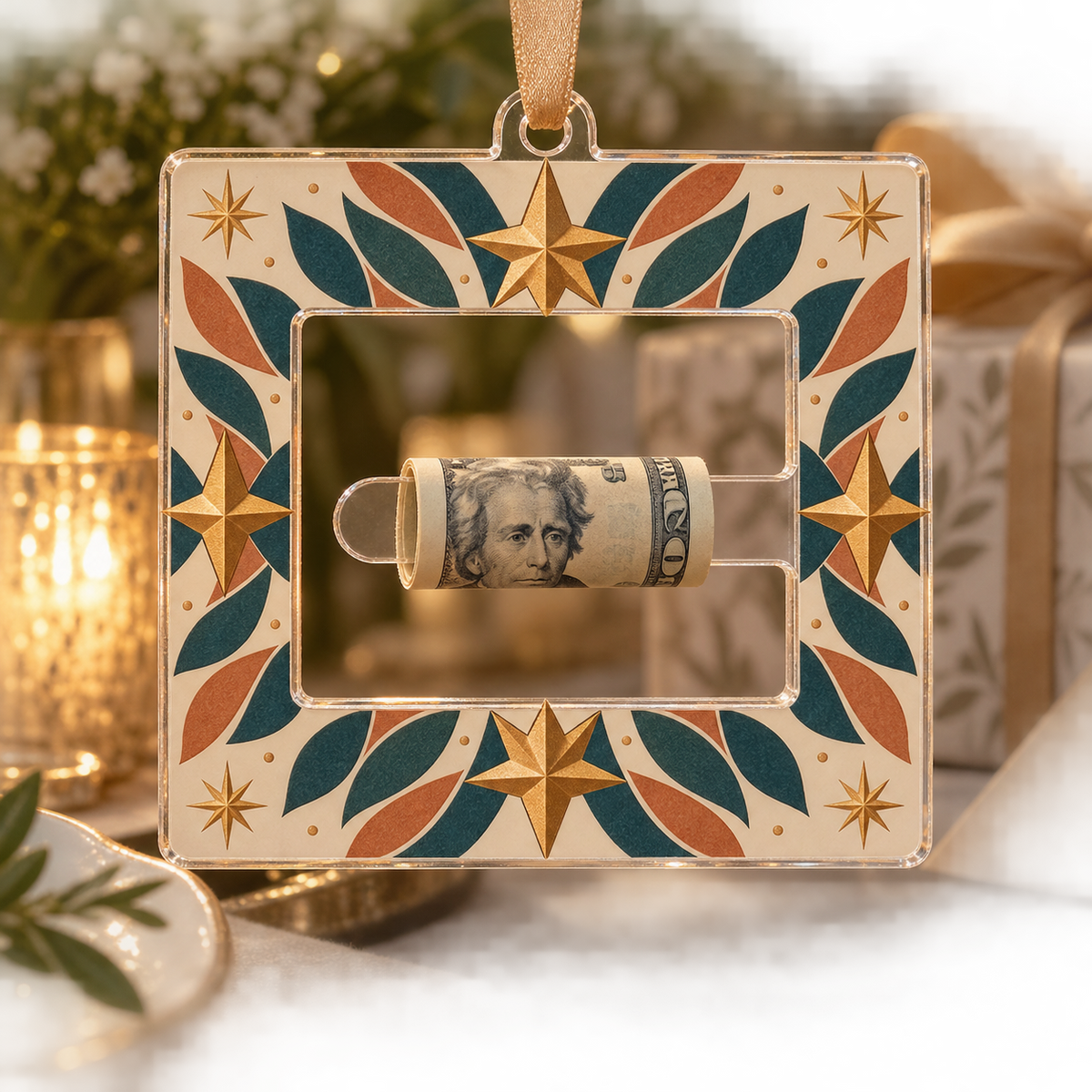 Sunburst Host Gratitude Acrylic Cash Holder Ornament with printed optical 3D artwork in its use setting