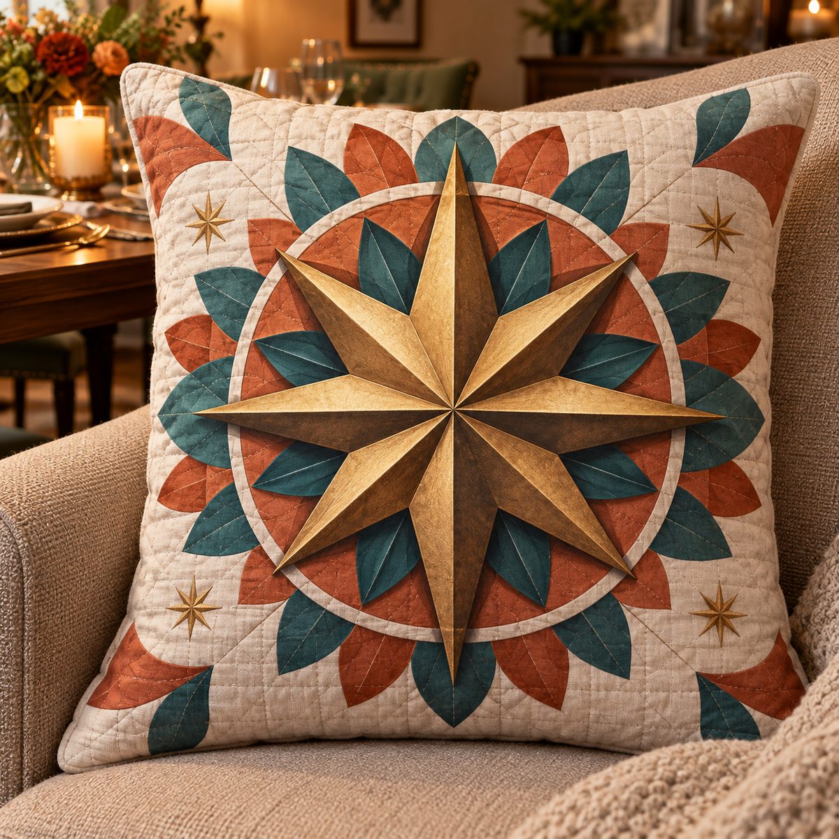 Sunburst Host Gratitude Quilted Cushion Cover with printed optical 3D artwork in its use setting