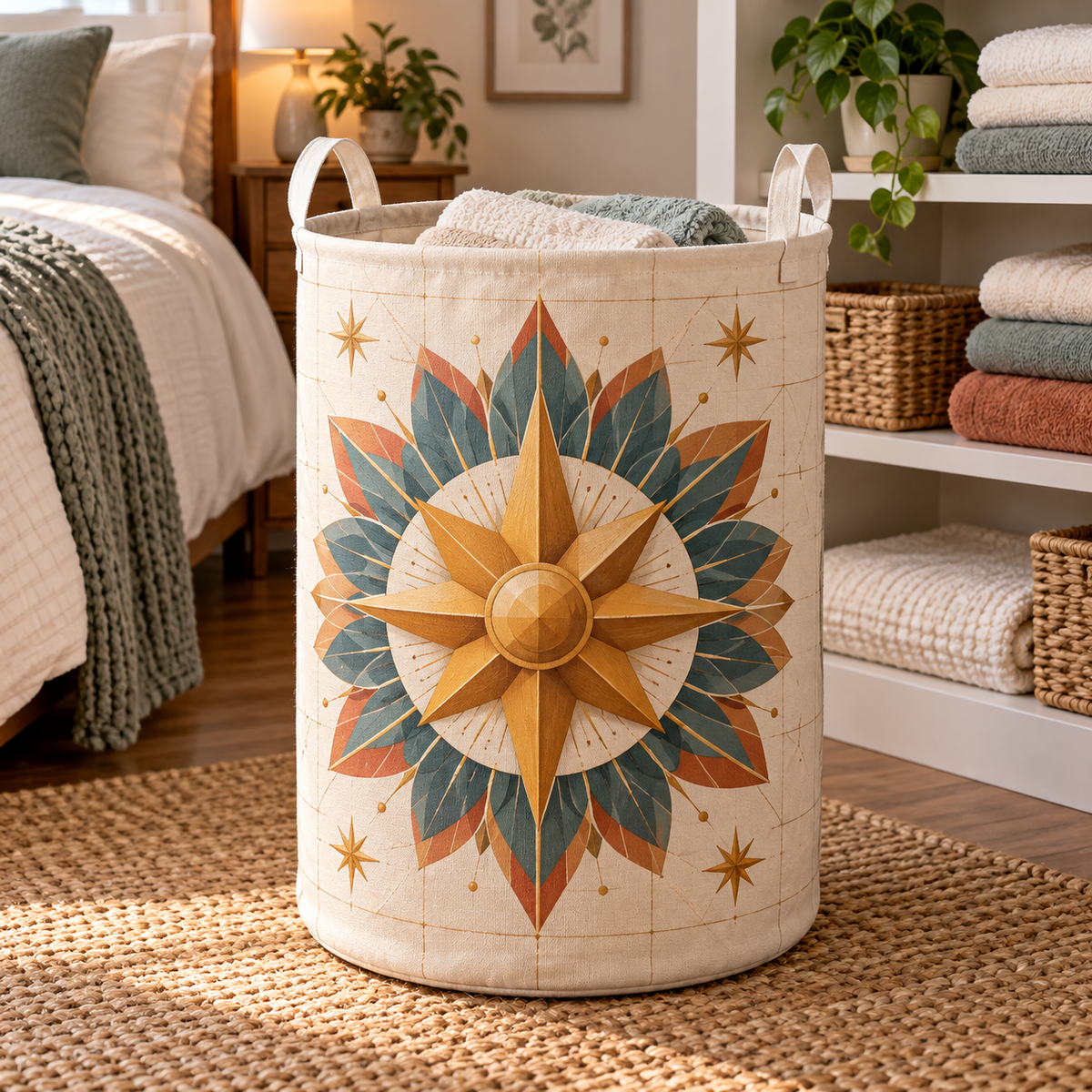 Sunburst Host Gratitude Laundry Hamper with printed optical 3D artwork in its use setting