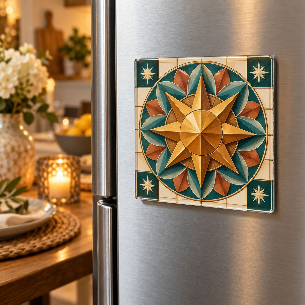 Sunburst Host Gratitude Acrylic Refrigerator Magnet with printed optical 3D artwork in its use setting
