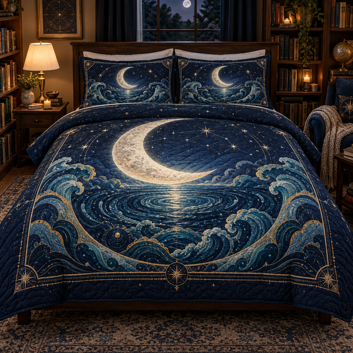 Moonlit Tide Library Quilted Bedding Set with printed optical 3D artwork in its use setting