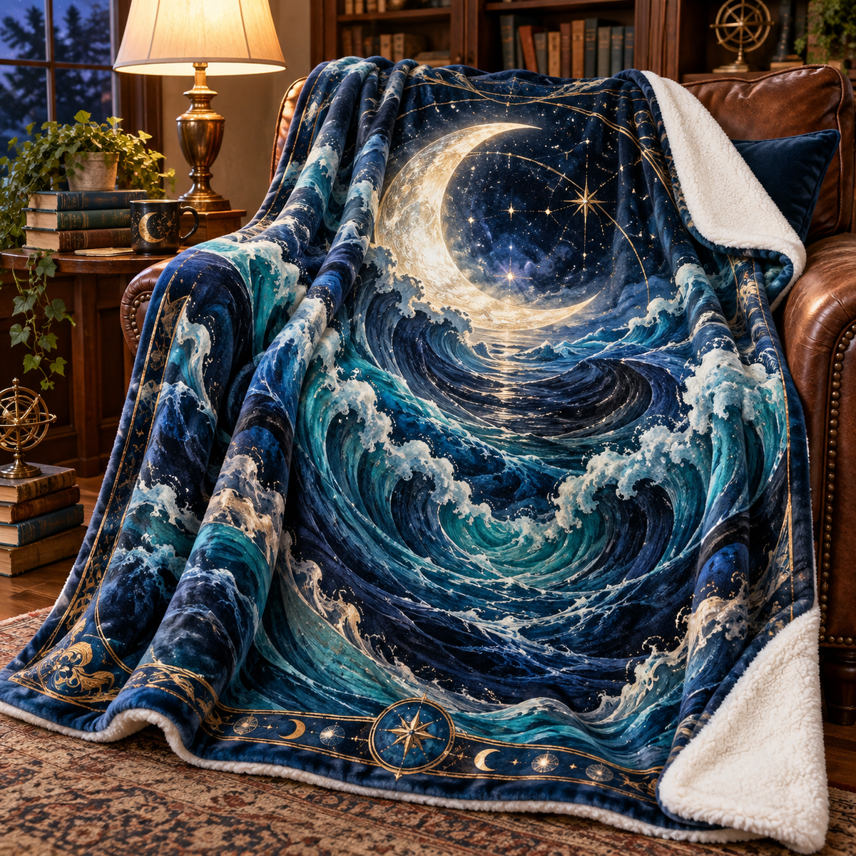 Moonlit Tide Library Sherpa & Fleece Blanket with printed optical 3D artwork in its use setting