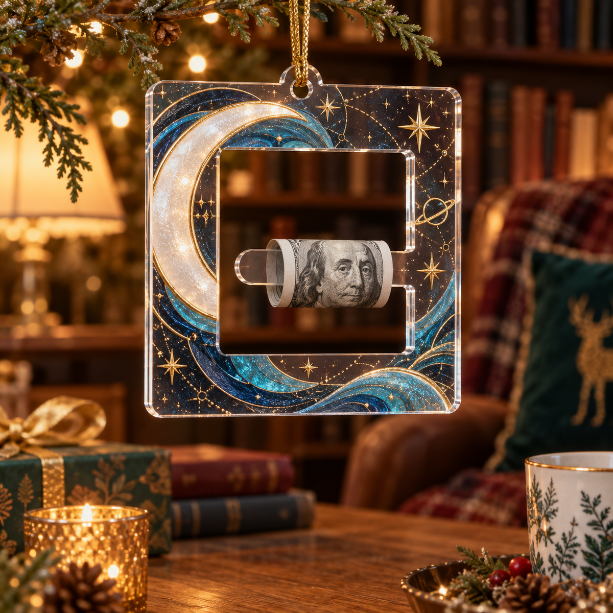 Moonlit Tide Library Acrylic Cash Holder Ornament with printed optical 3D artwork in its use setting