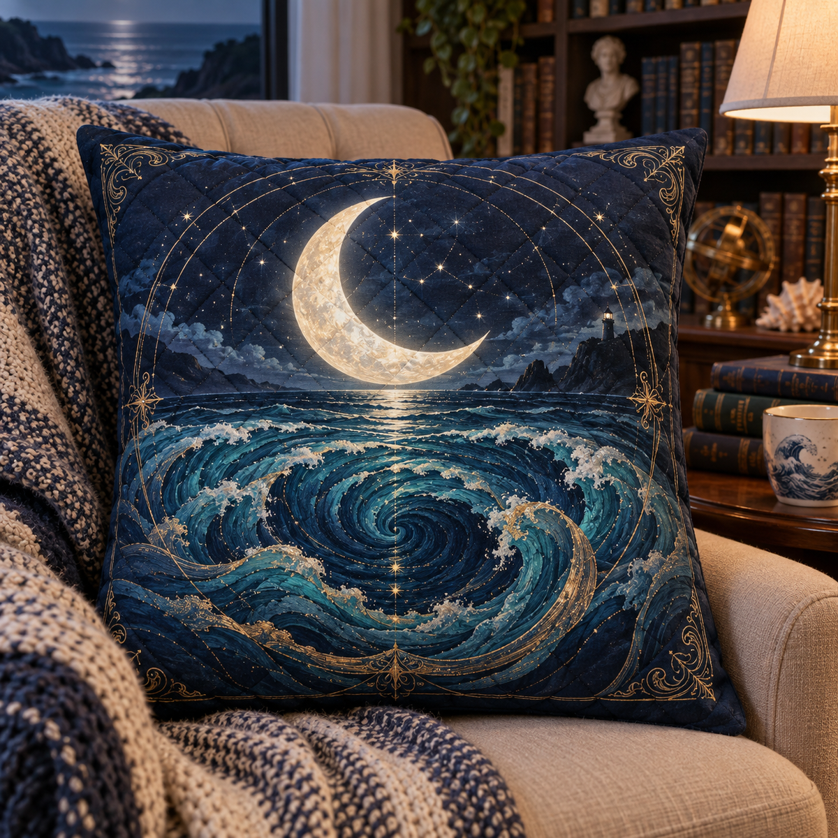 Moonlit Tide Library Quilted Cushion Cover with printed optical 3D artwork in its use setting