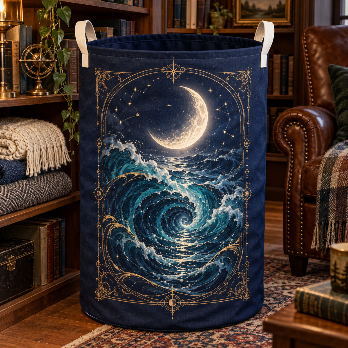 Moonlit Tide Library Laundry Hamper with printed optical 3D artwork in its use setting