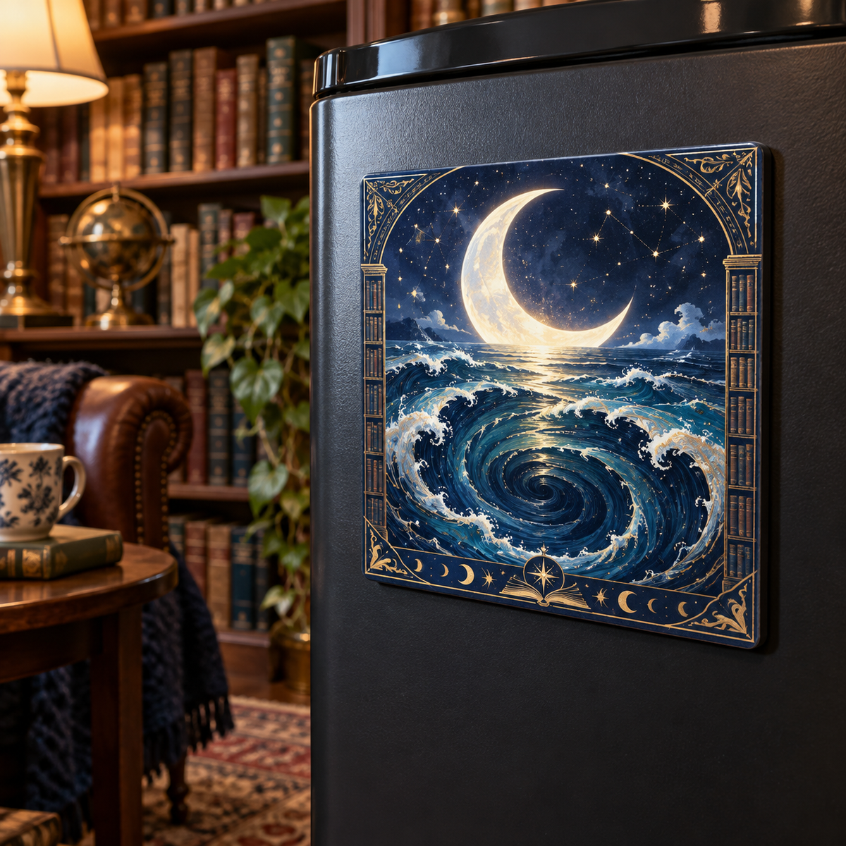 Moonlit Tide Library Acrylic Refrigerator Magnet with printed optical 3D artwork in its use setting