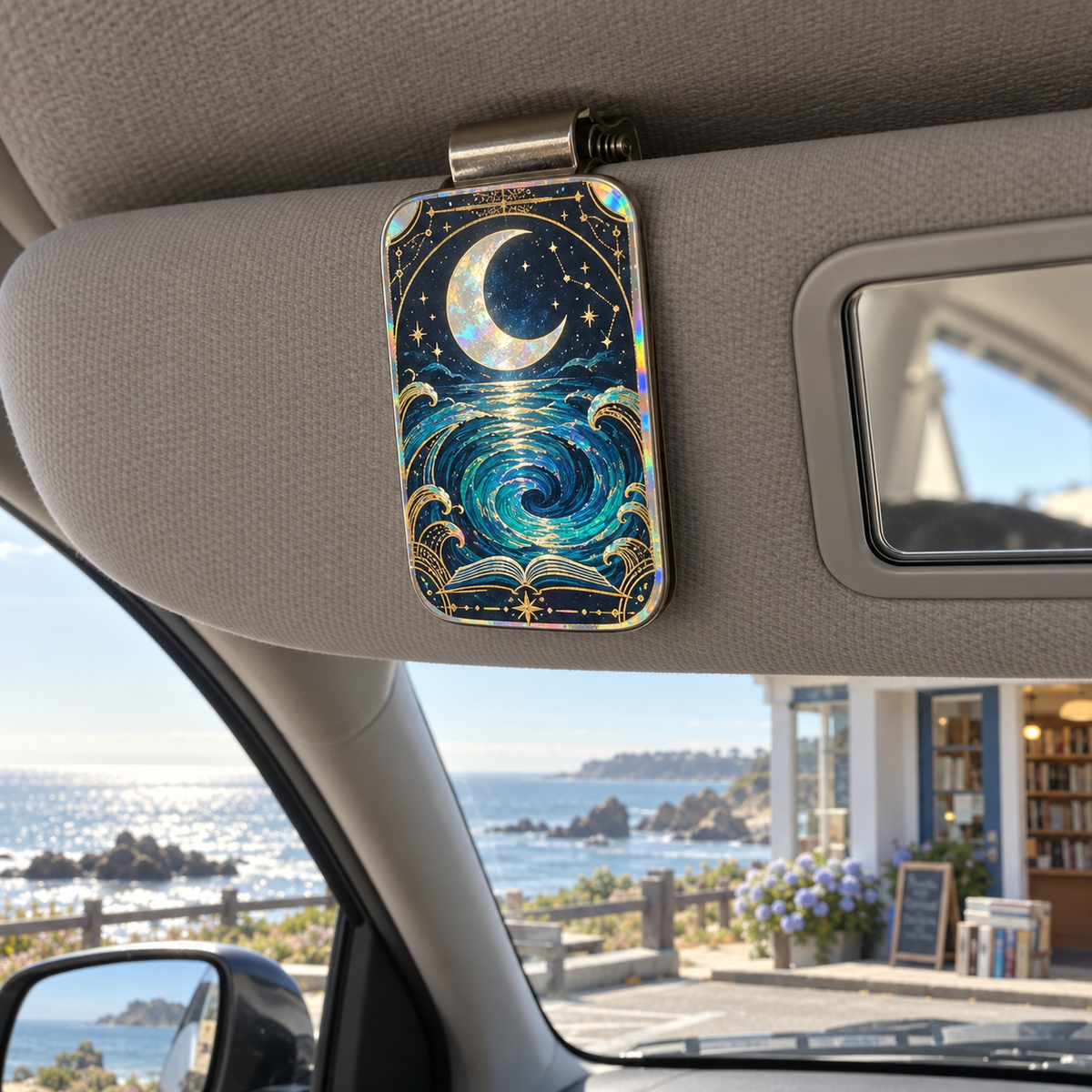 Moonlit Tide Library Holographic Car Visor Clip with printed optical 3D artwork in its use setting
