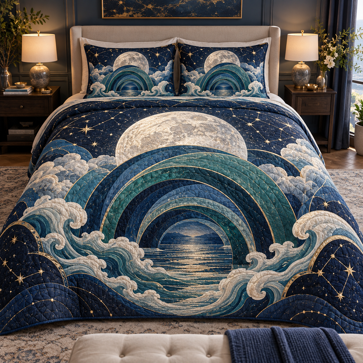 Celestial Tide Canopy Quilted Bedding Set with printed optical 3D artwork in its use setting