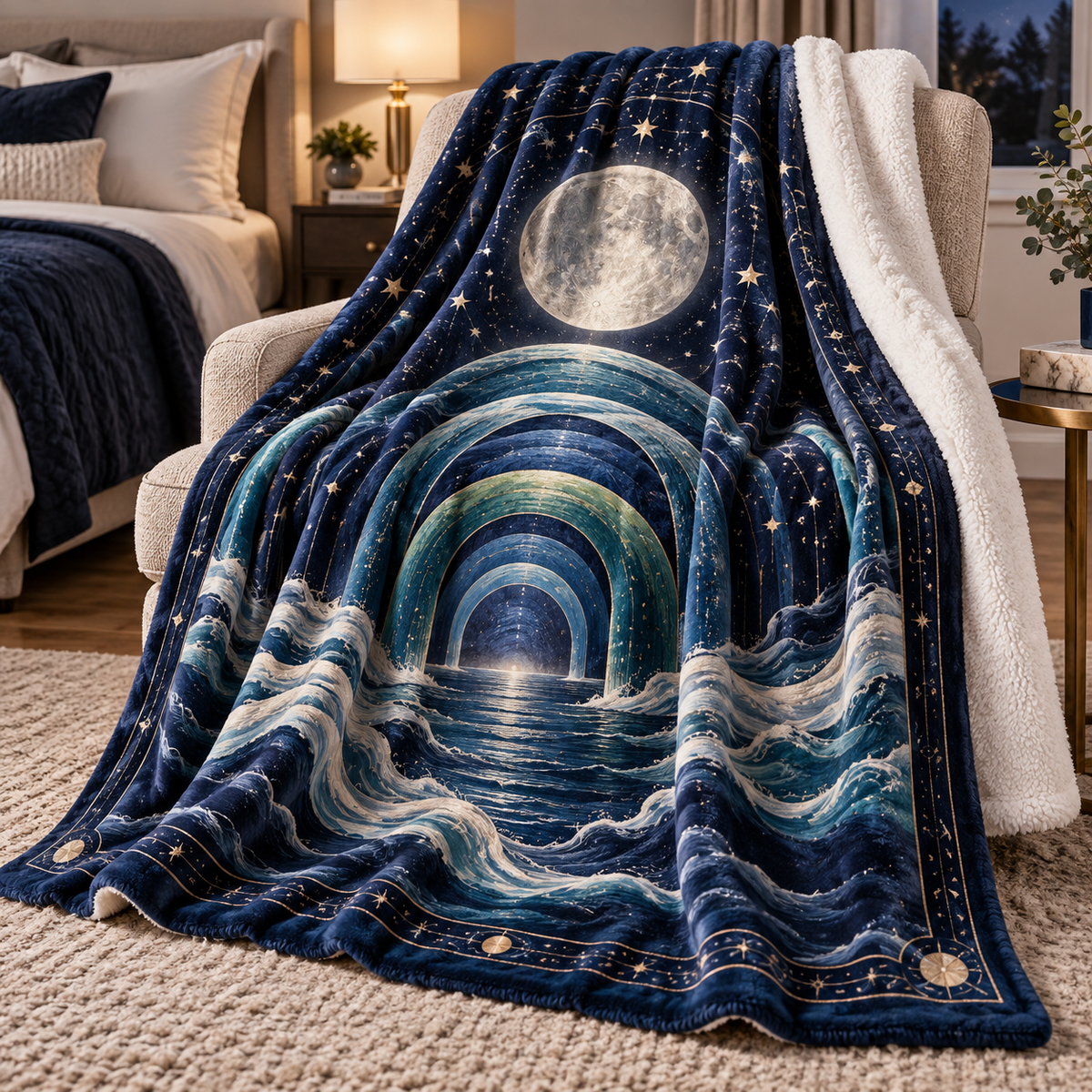 Celestial Tide Canopy Sherpa & Fleece Blanket with printed optical 3D artwork in its use setting