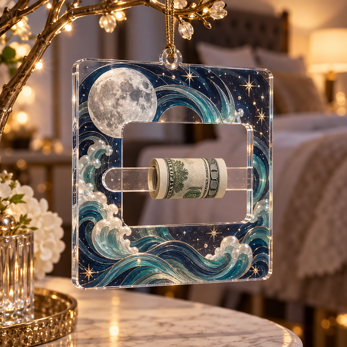 Celestial Tide Canopy Acrylic Cash Holder Ornament with printed optical 3D artwork in its use setting