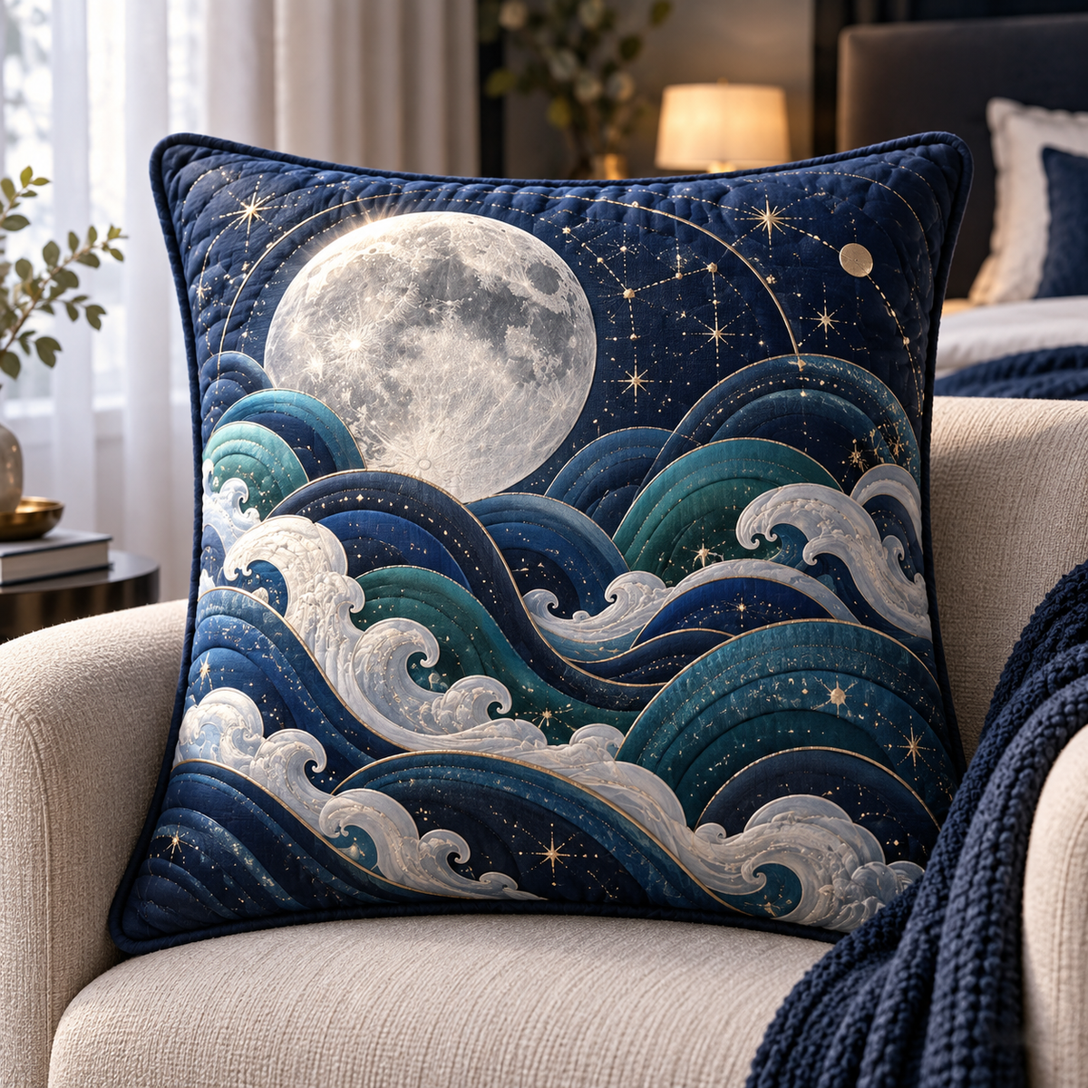 Celestial Tide Canopy Quilted Cushion Cover with printed optical 3D artwork in its use setting