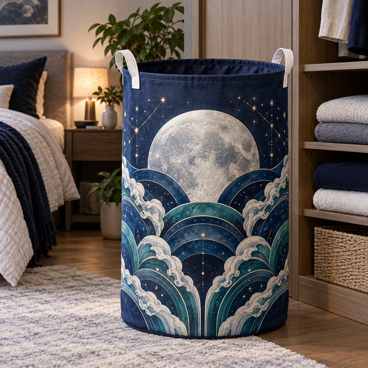 Celestial Tide Canopy Laundry Hamper with printed optical 3D artwork in its use setting