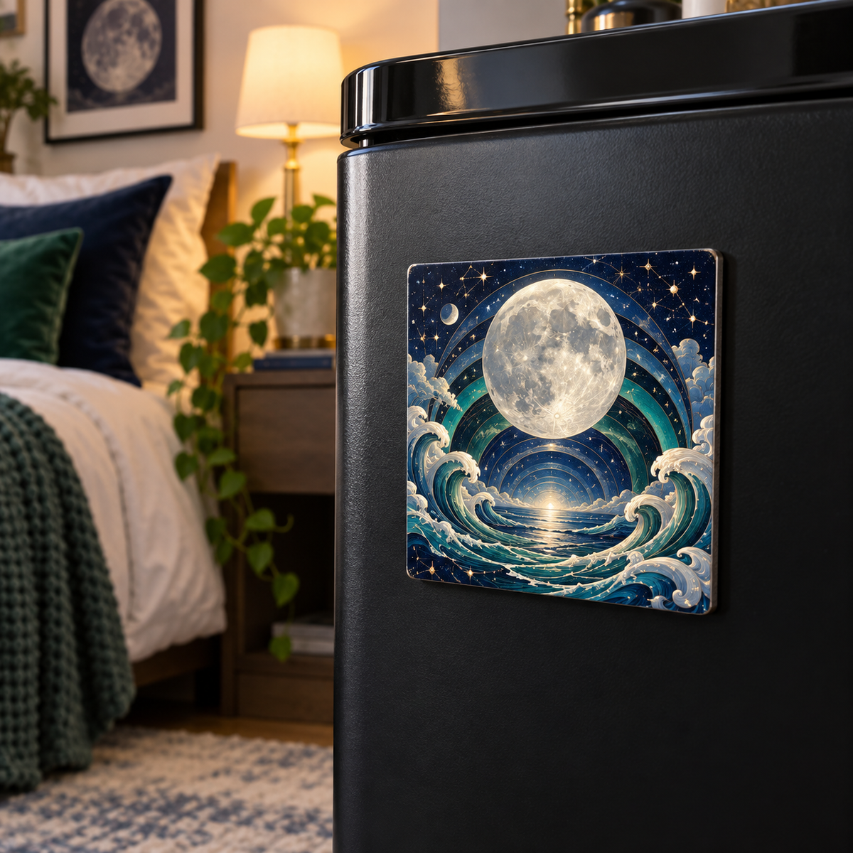 Celestial Tide Canopy Acrylic Refrigerator Magnet with printed optical 3D artwork in its use setting