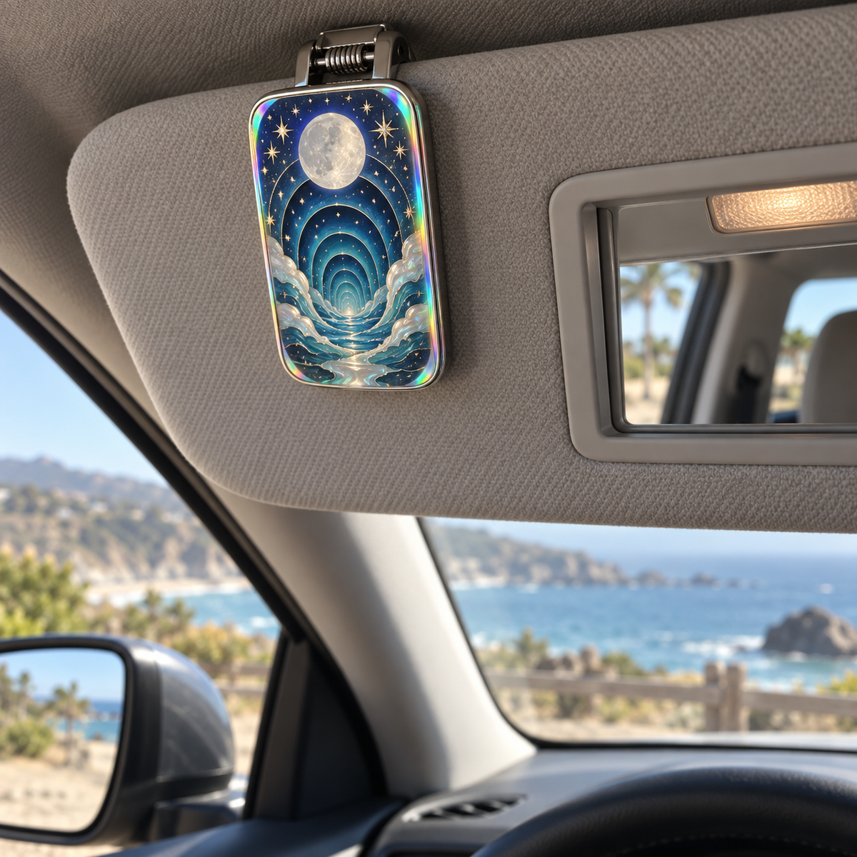 Celestial Tide Canopy Holographic Car Visor Clip with printed optical 3D artwork in its use setting