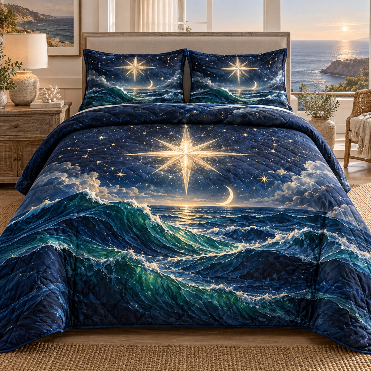 Tidal Star Gallery Quilted Bedding Set with printed optical 3D artwork in its use setting