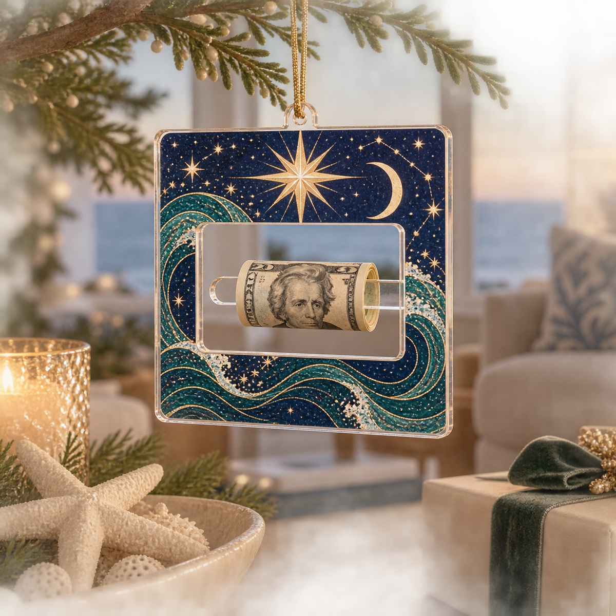 Tidal Star Gallery Acrylic Cash Holder Ornament with printed optical 3D artwork in its use setting