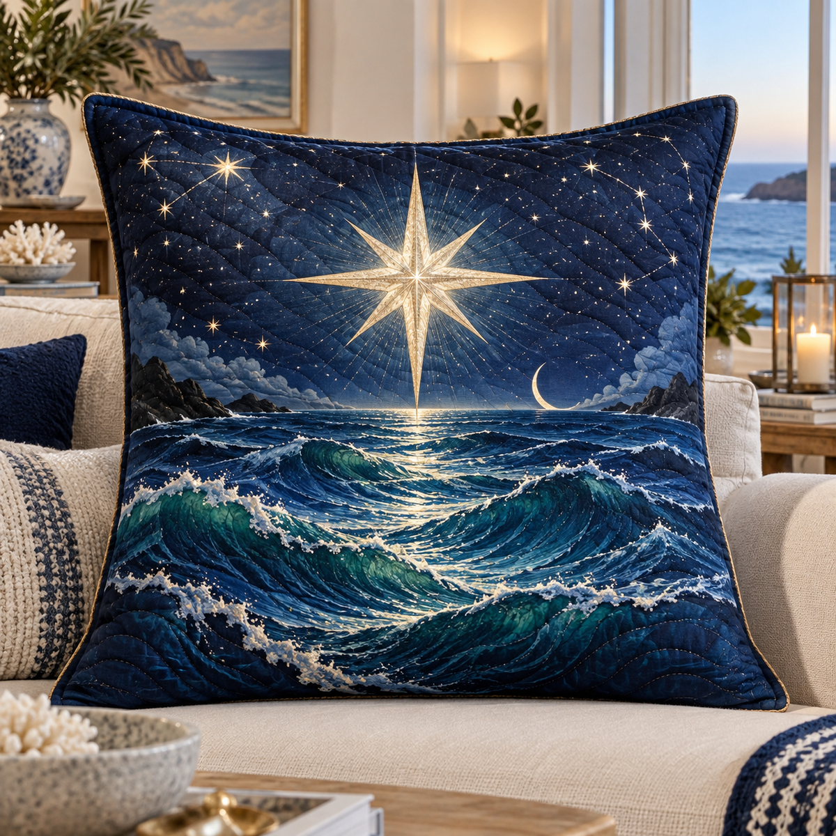 Tidal Star Gallery Quilted Cushion Cover with printed optical 3D artwork in its use setting