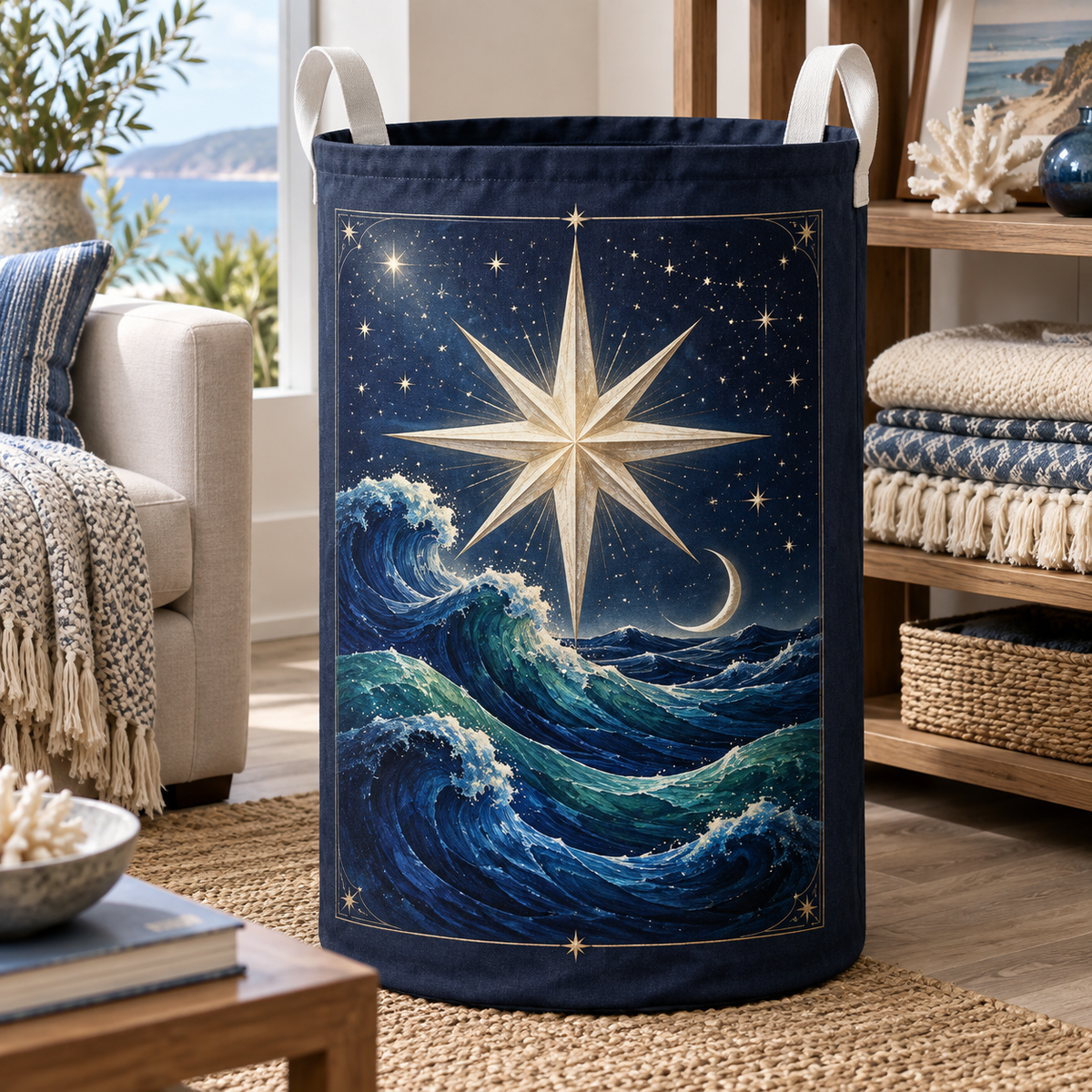 Tidal Star Gallery Laundry Hamper with printed optical 3D artwork in its use setting